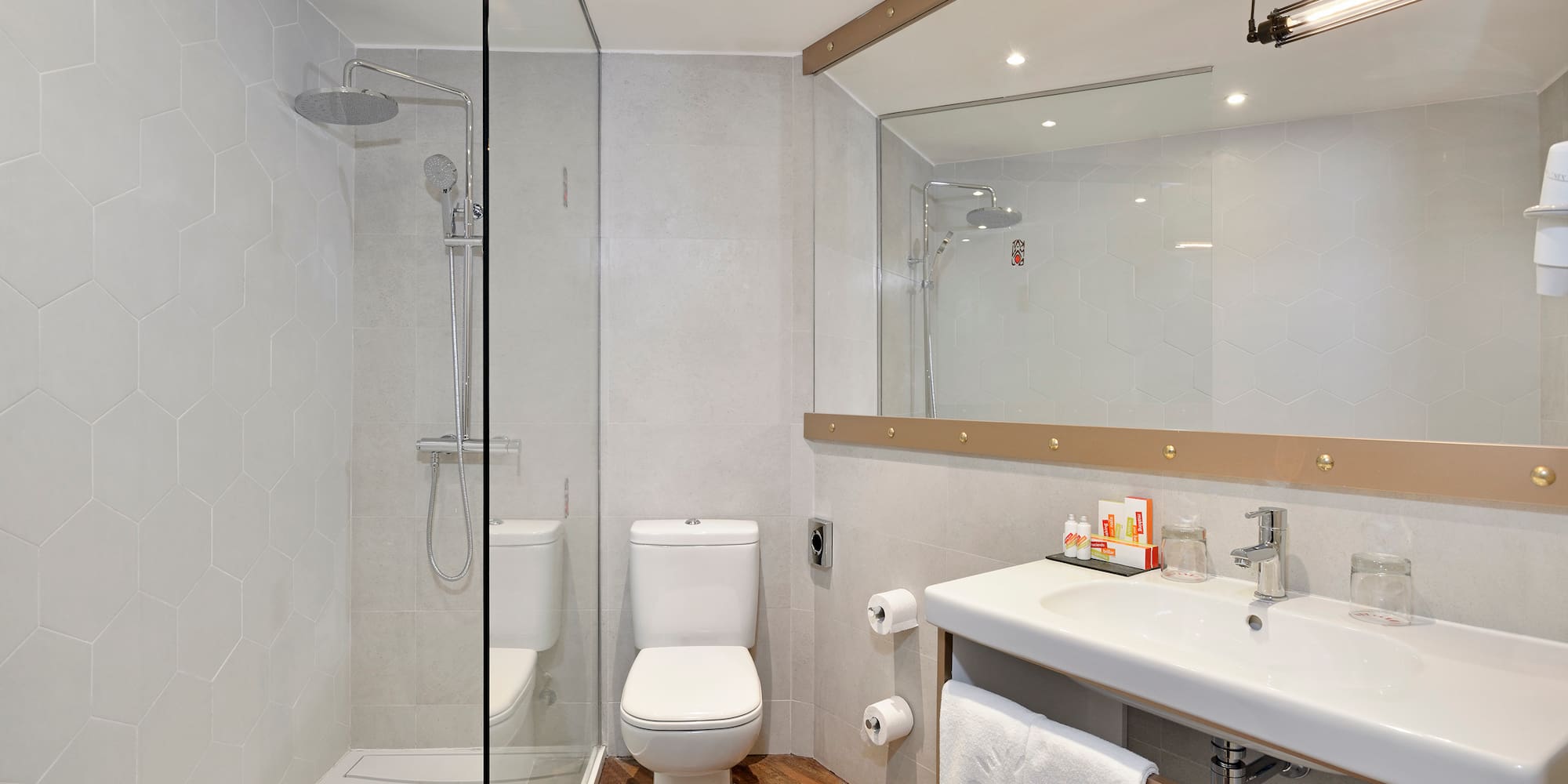 a bathroom with a shower and toilet
