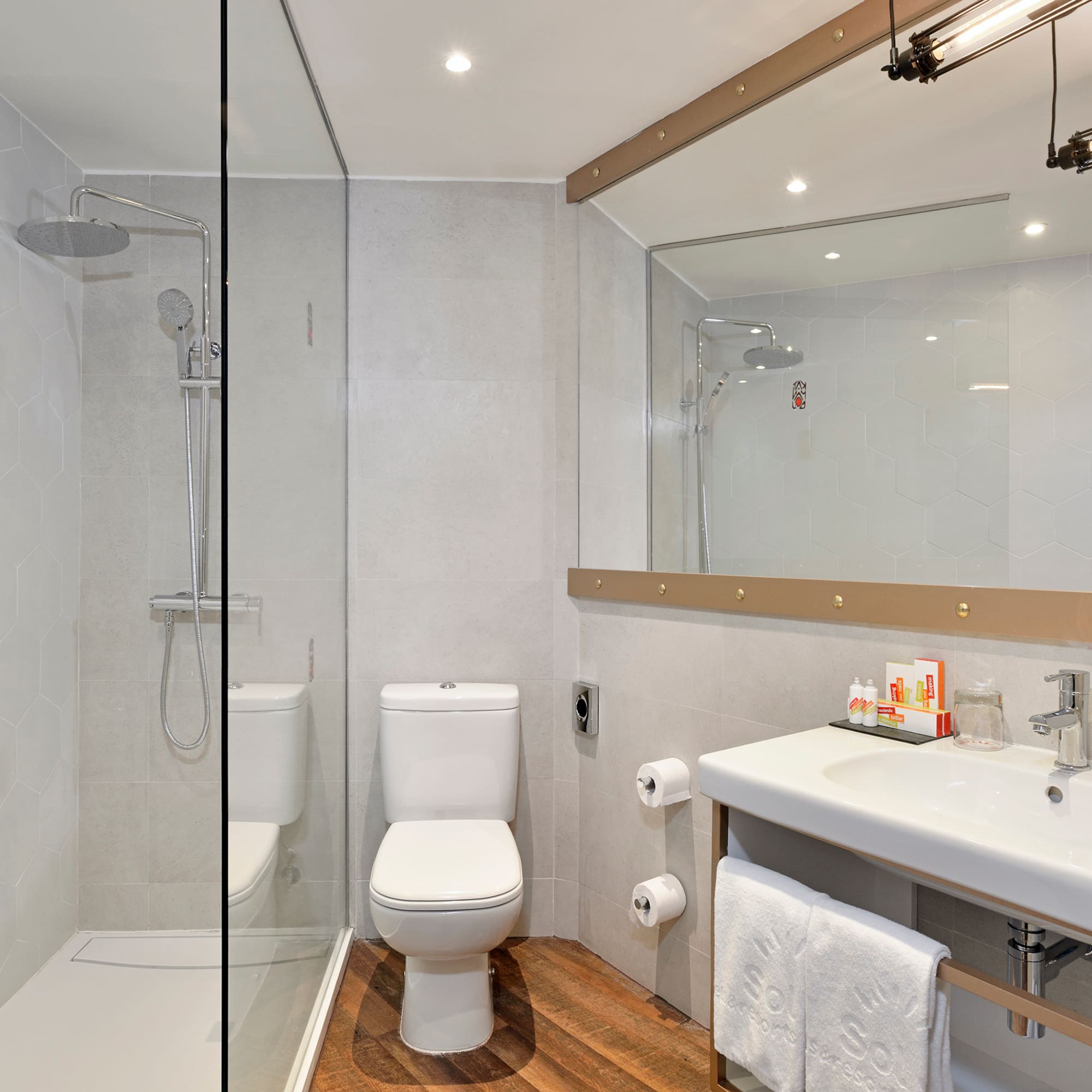 a bathroom with a shower and toilet