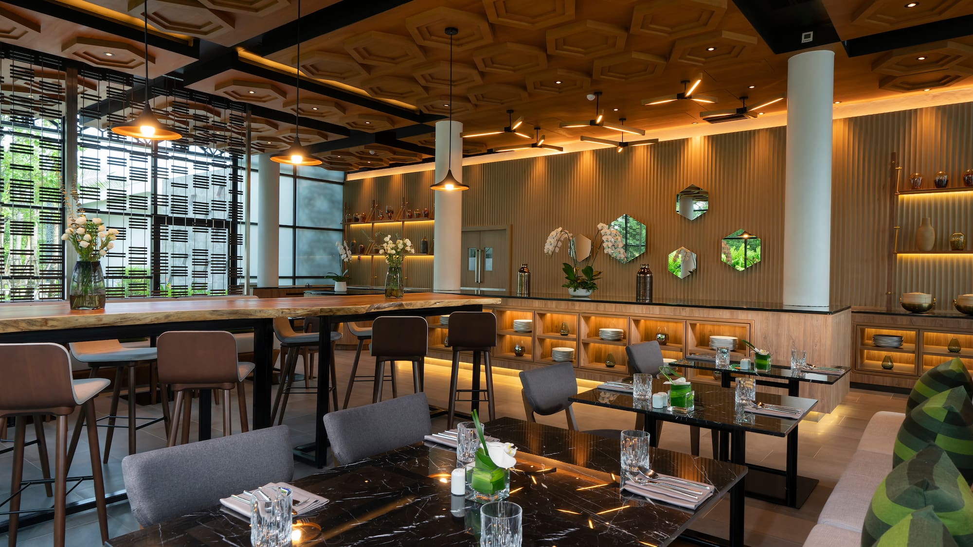 a room with tables and chairs