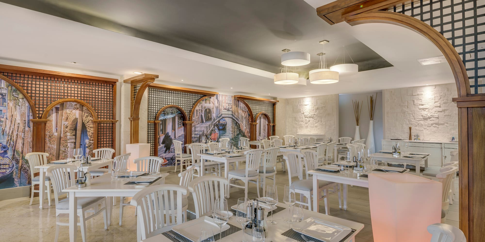 a room with tables and chairs