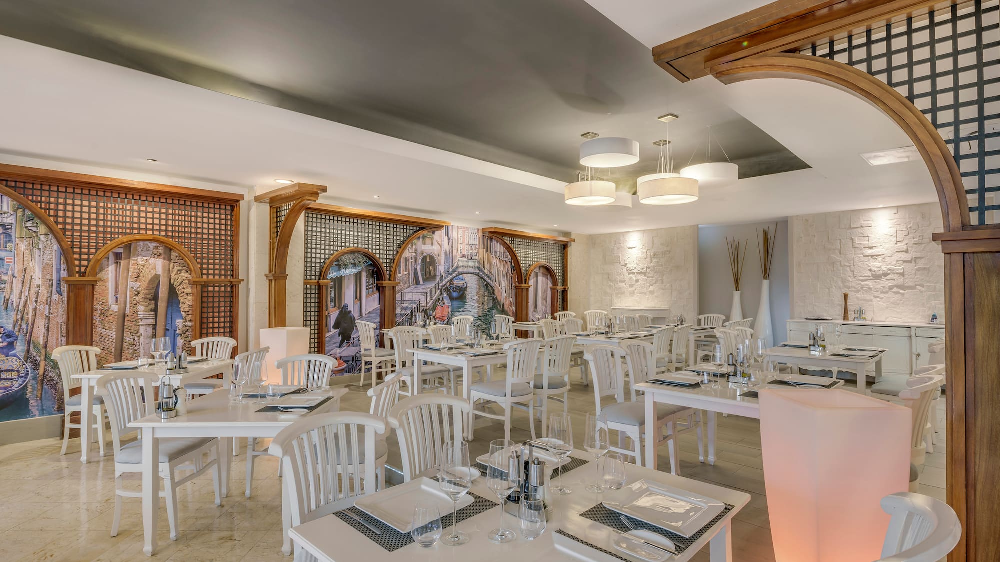 a room with tables and chairs