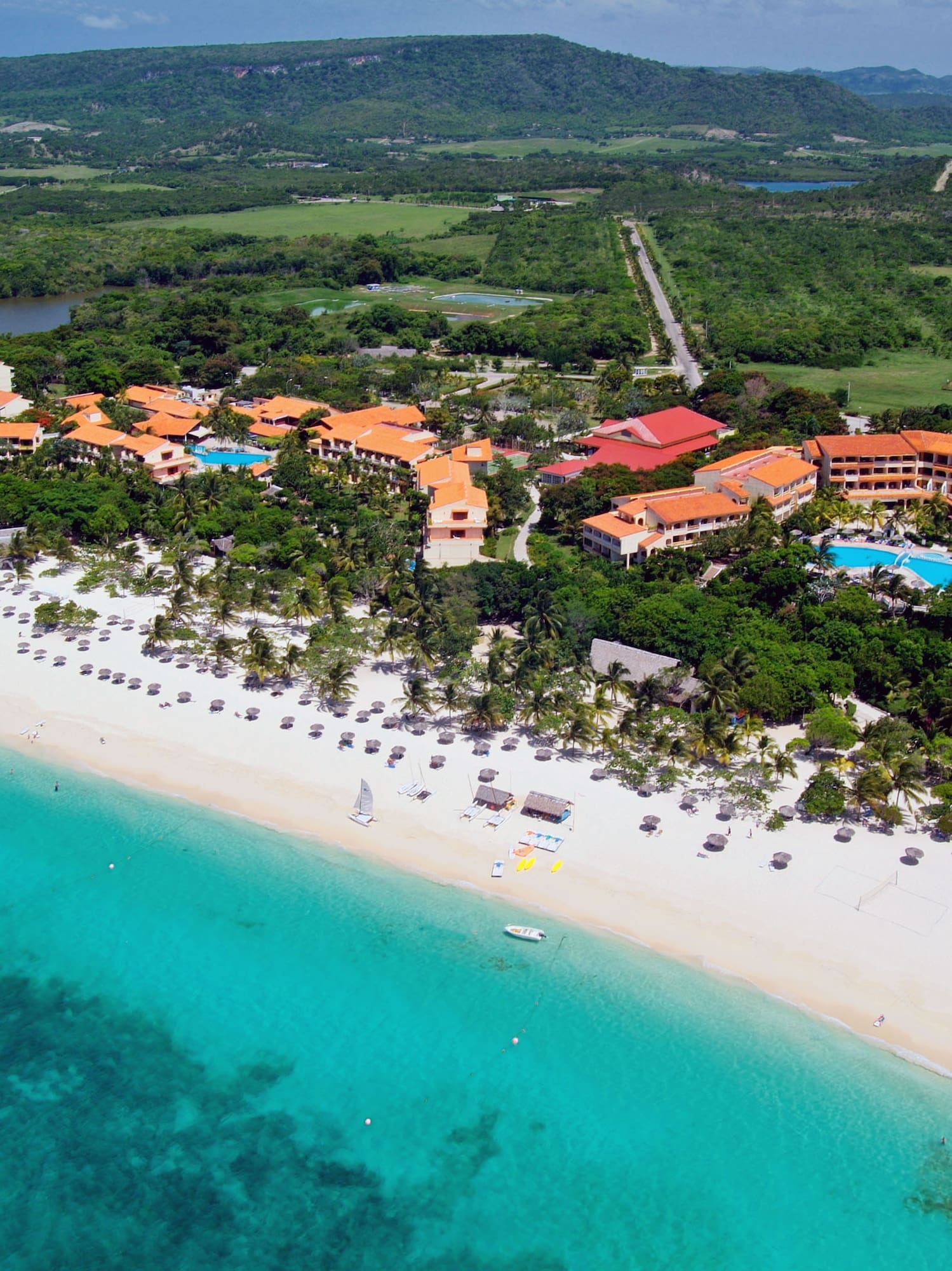 a beach with buildings and trees