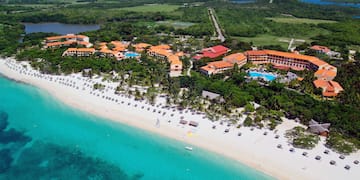 a beach with buildings and trees