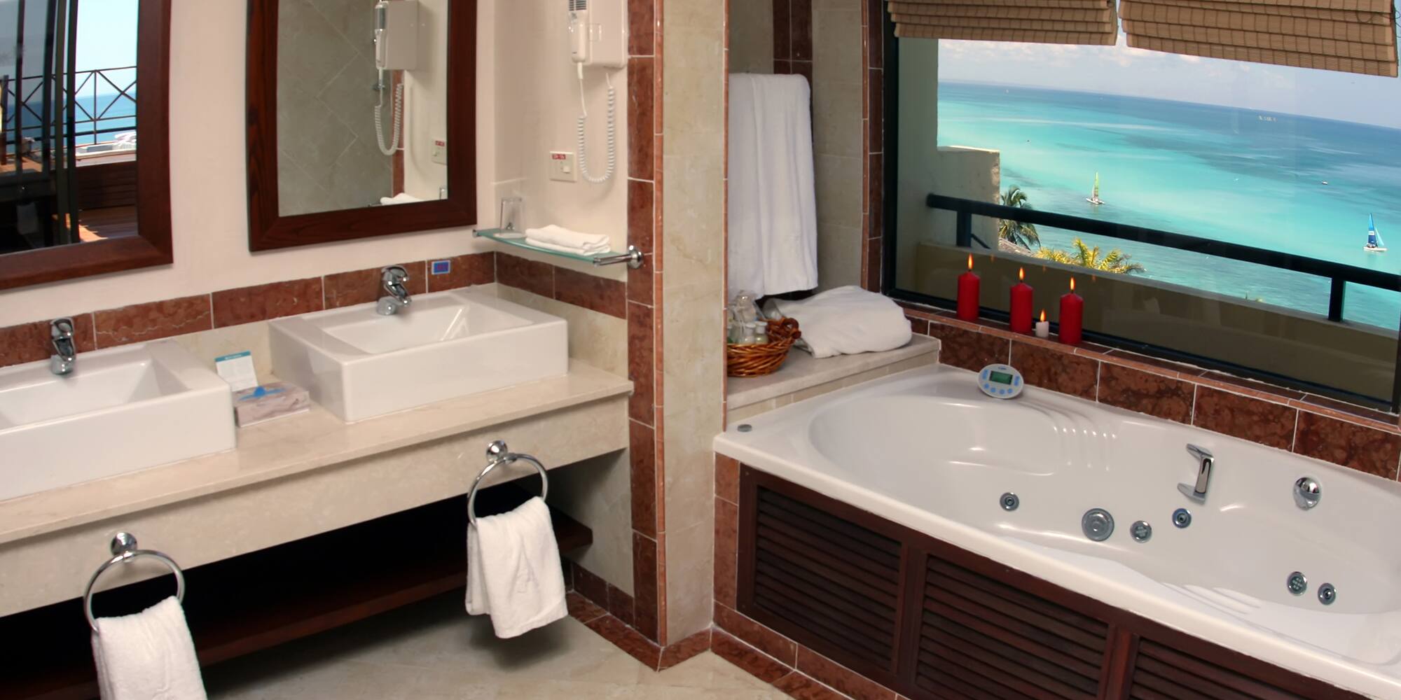 a bathroom with a bathtub and a mirror