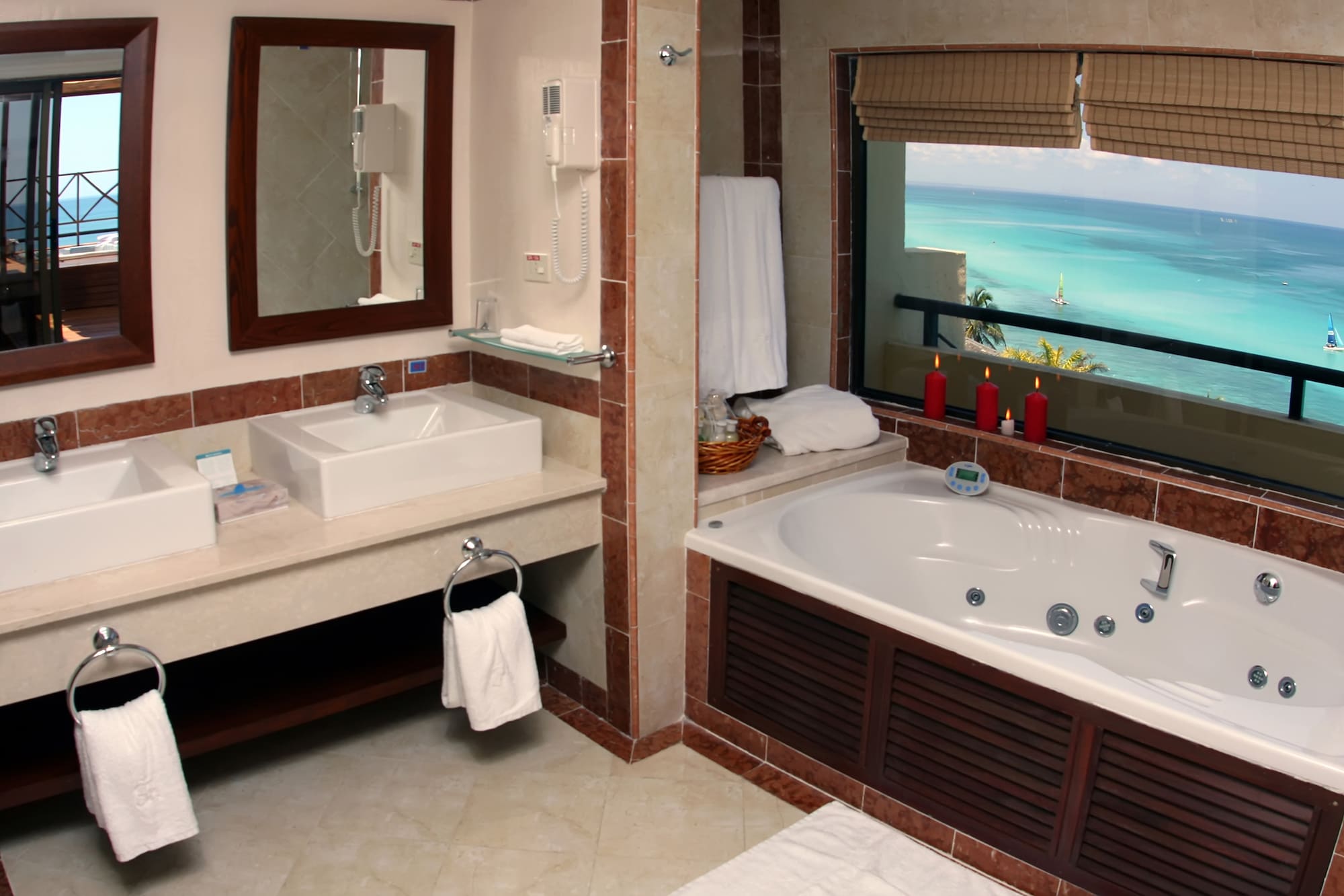 a bathroom with a bathtub and a mirror