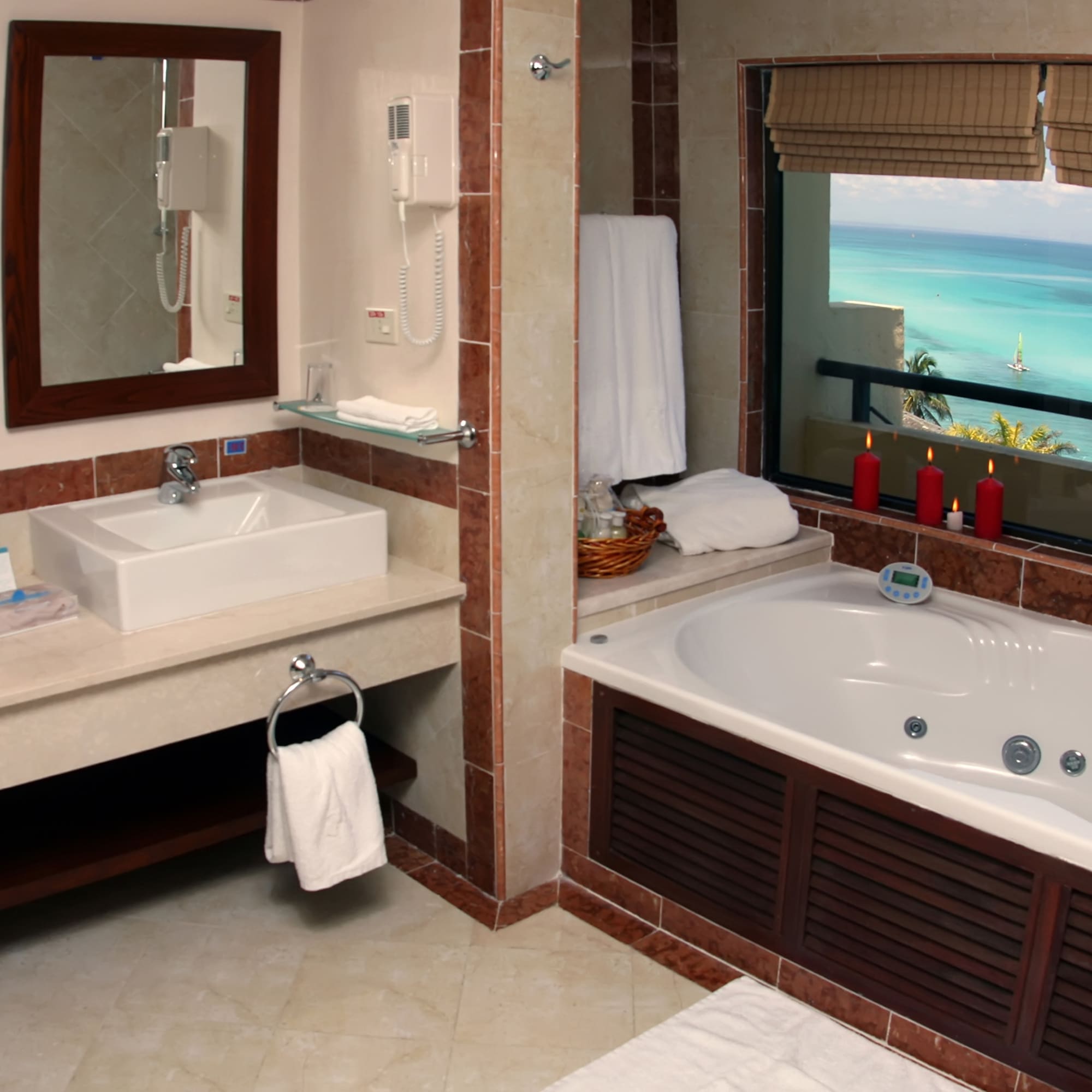 a bathroom with a bathtub and a mirror