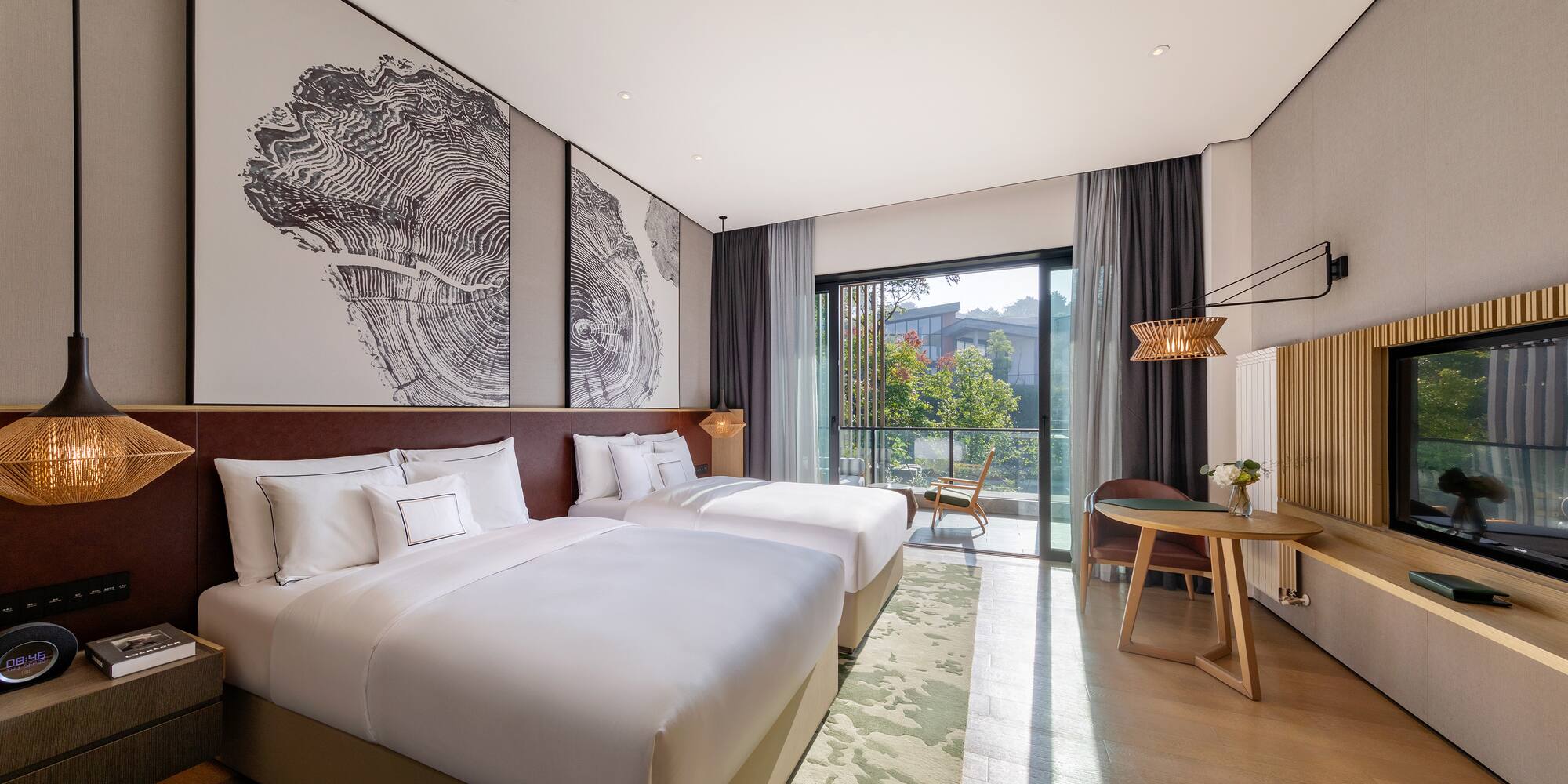 a hotel room with two beds