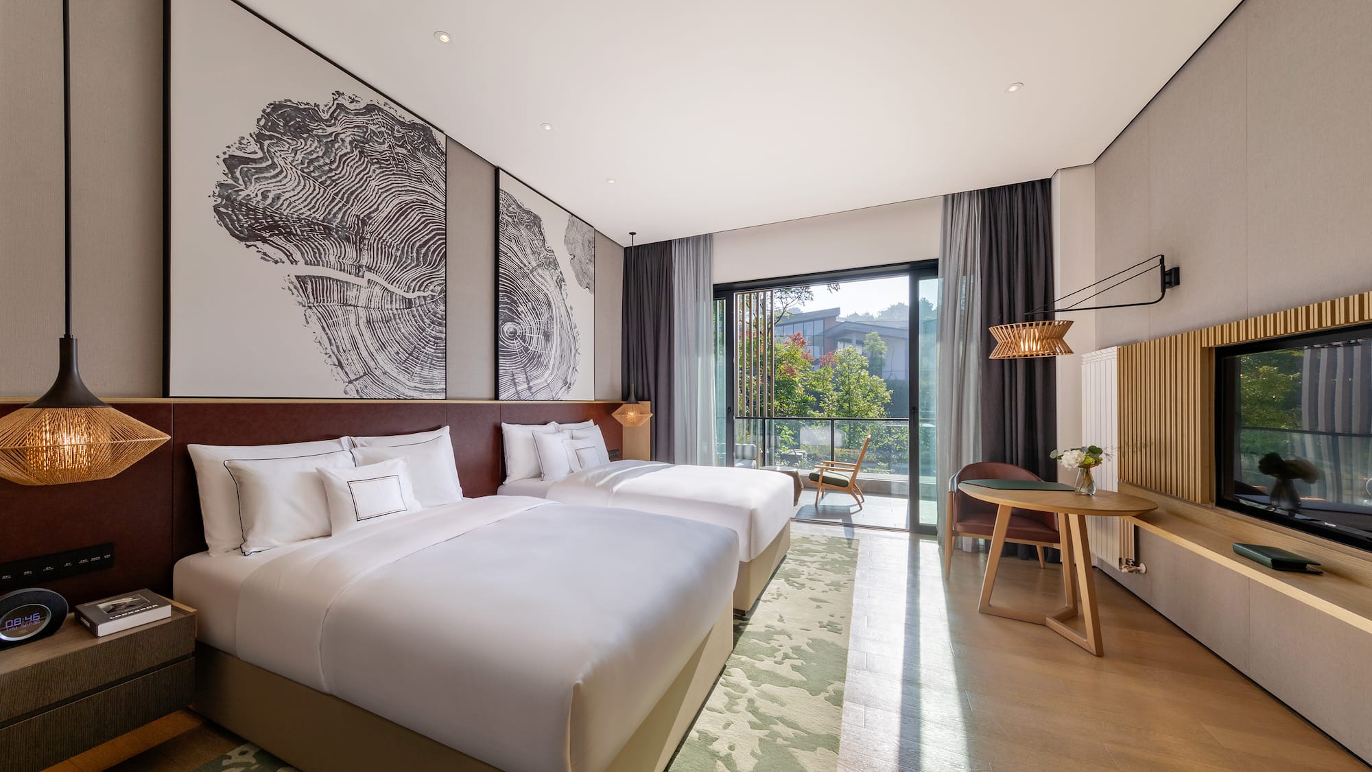 a hotel room with two beds