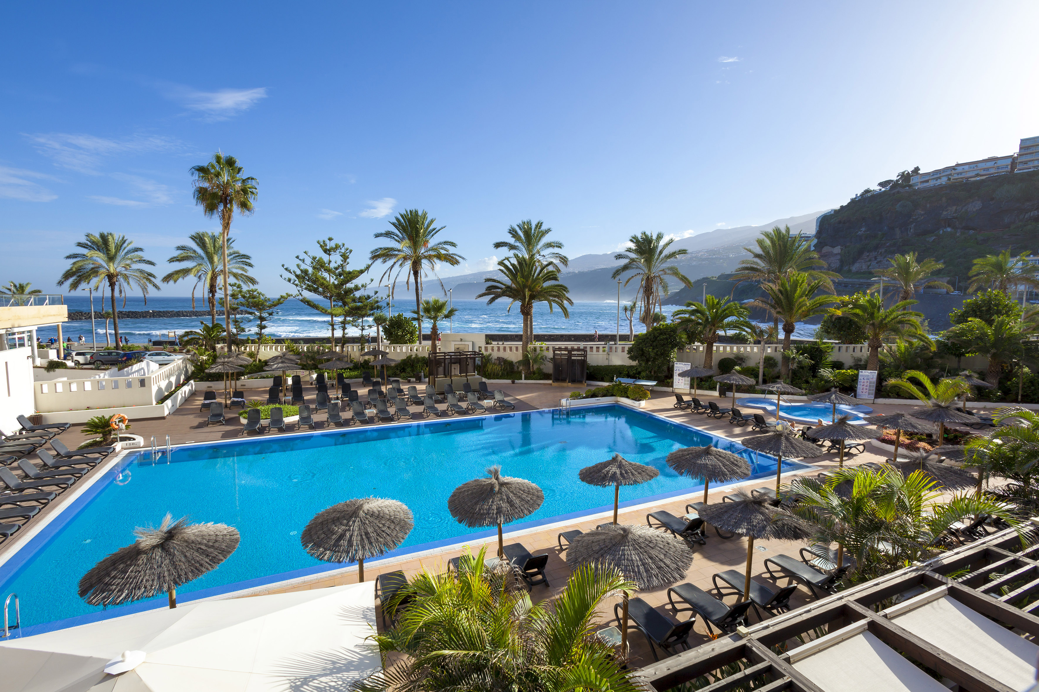 Tropical resort pool with ocean view, palm trees, and straw umbrellas.