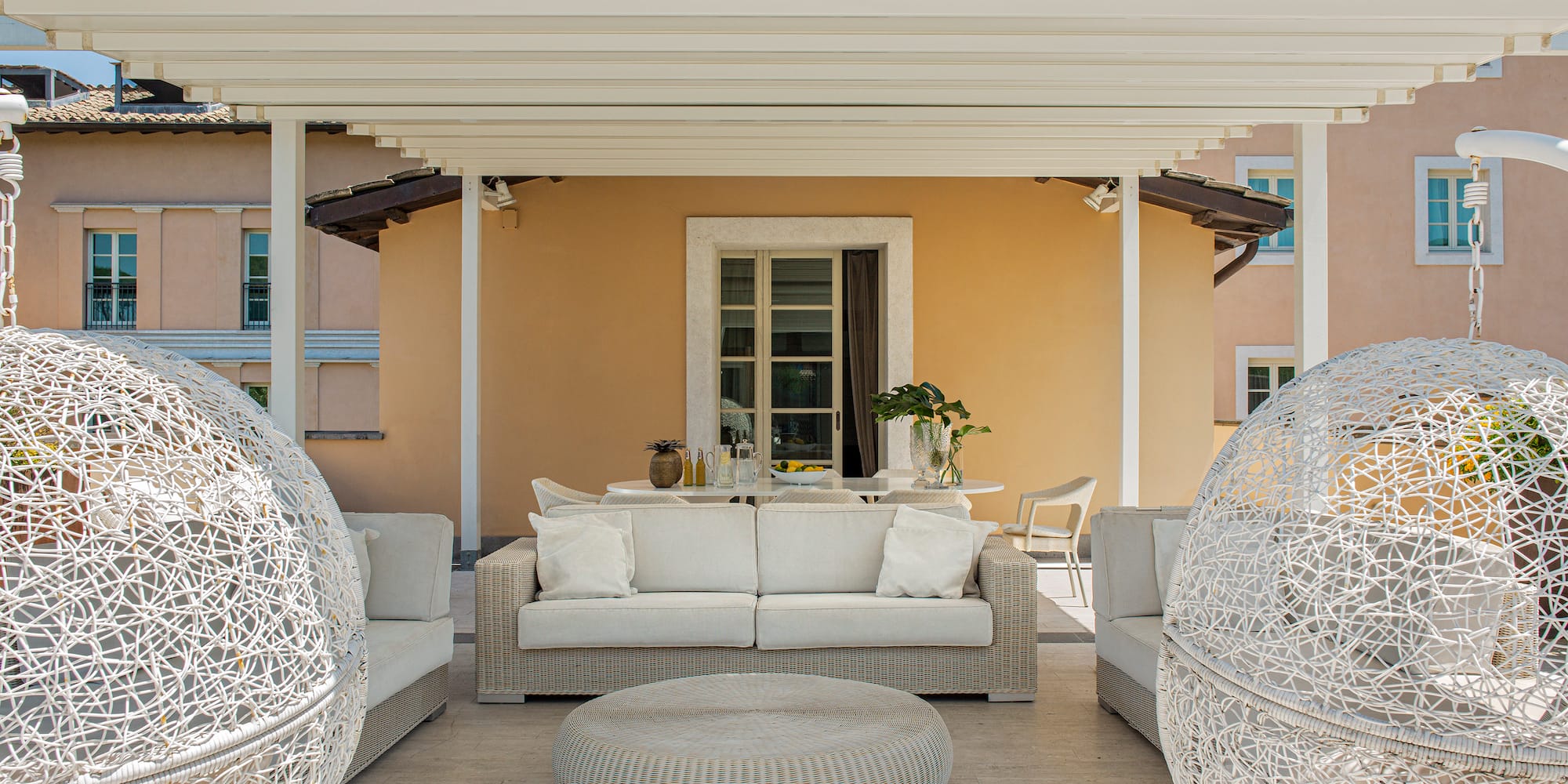 a white furniture on a patio
