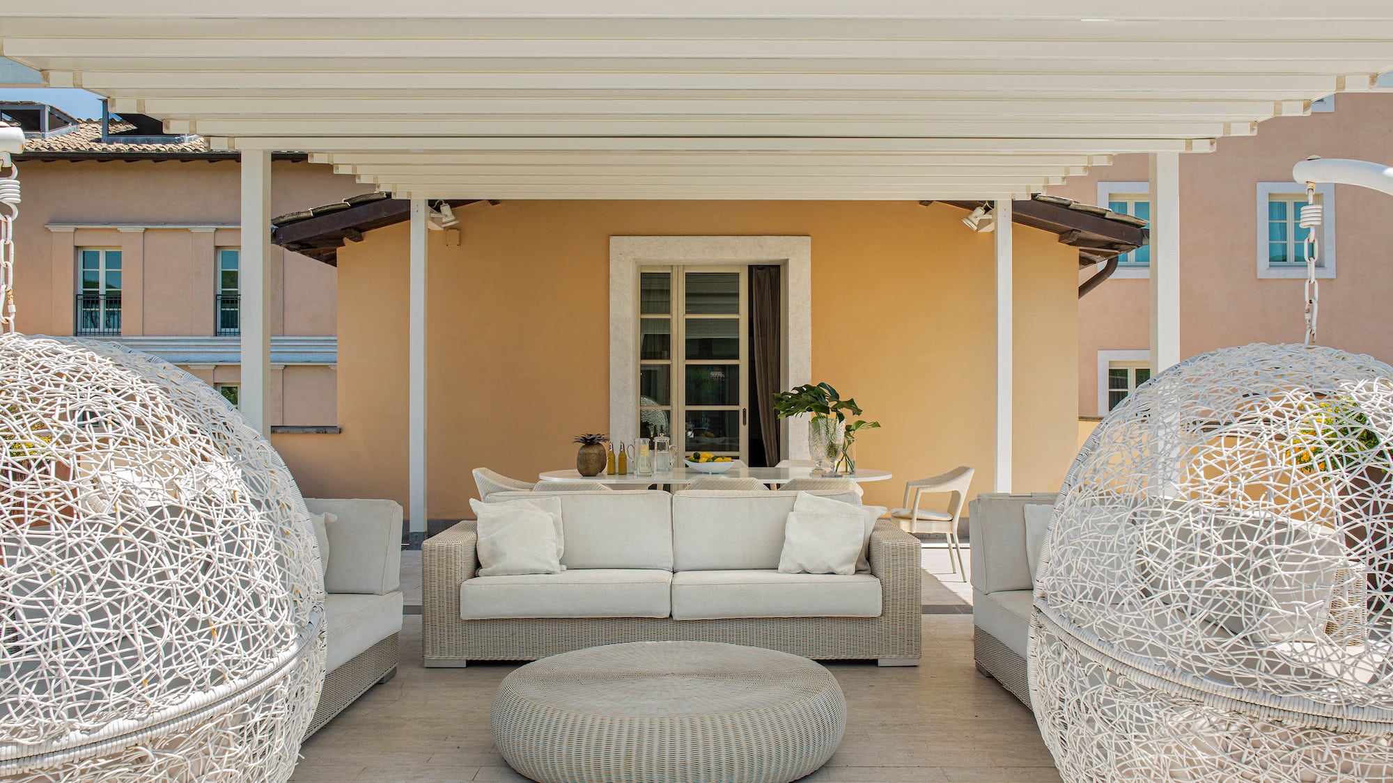 a white furniture on a patio