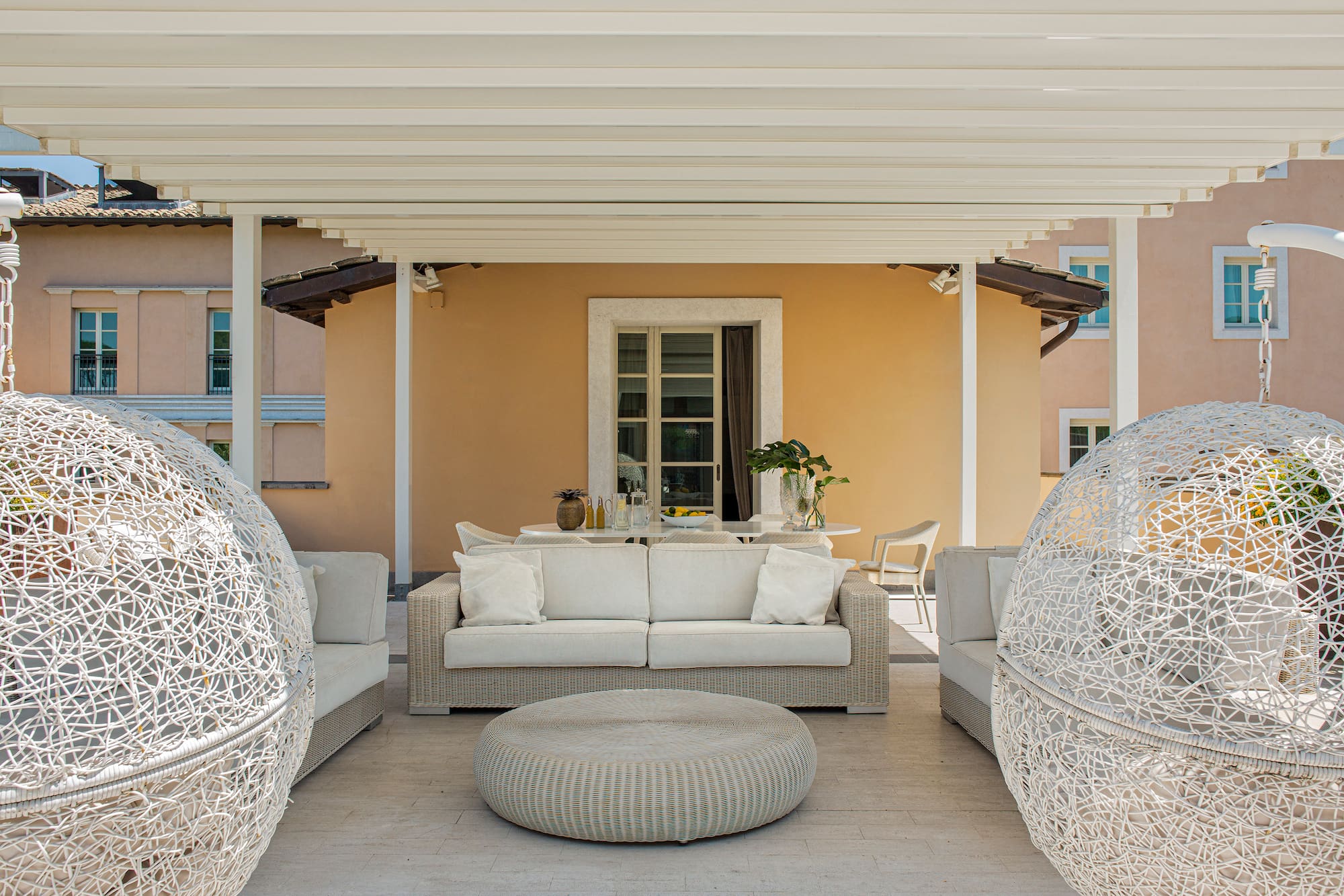 a white furniture on a patio