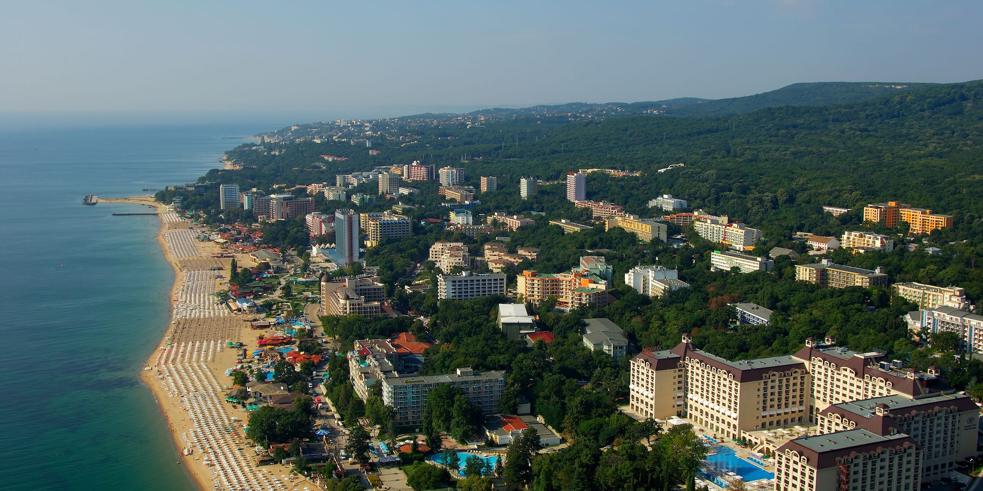 a aerial view of a beach with buildings and trees