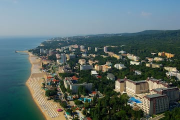 a aerial view of a beach with buildings and trees