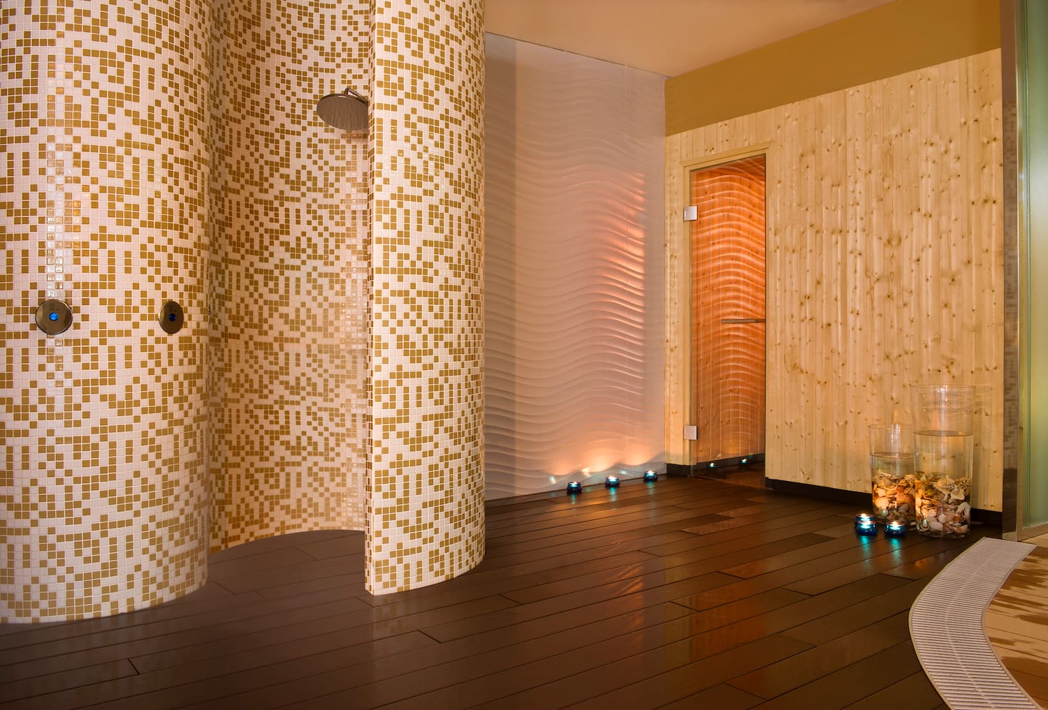 a room with a shower and a door