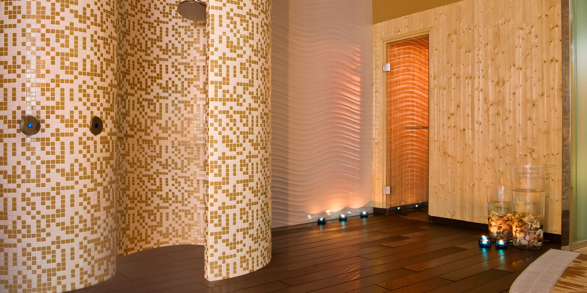 a room with a shower and a door