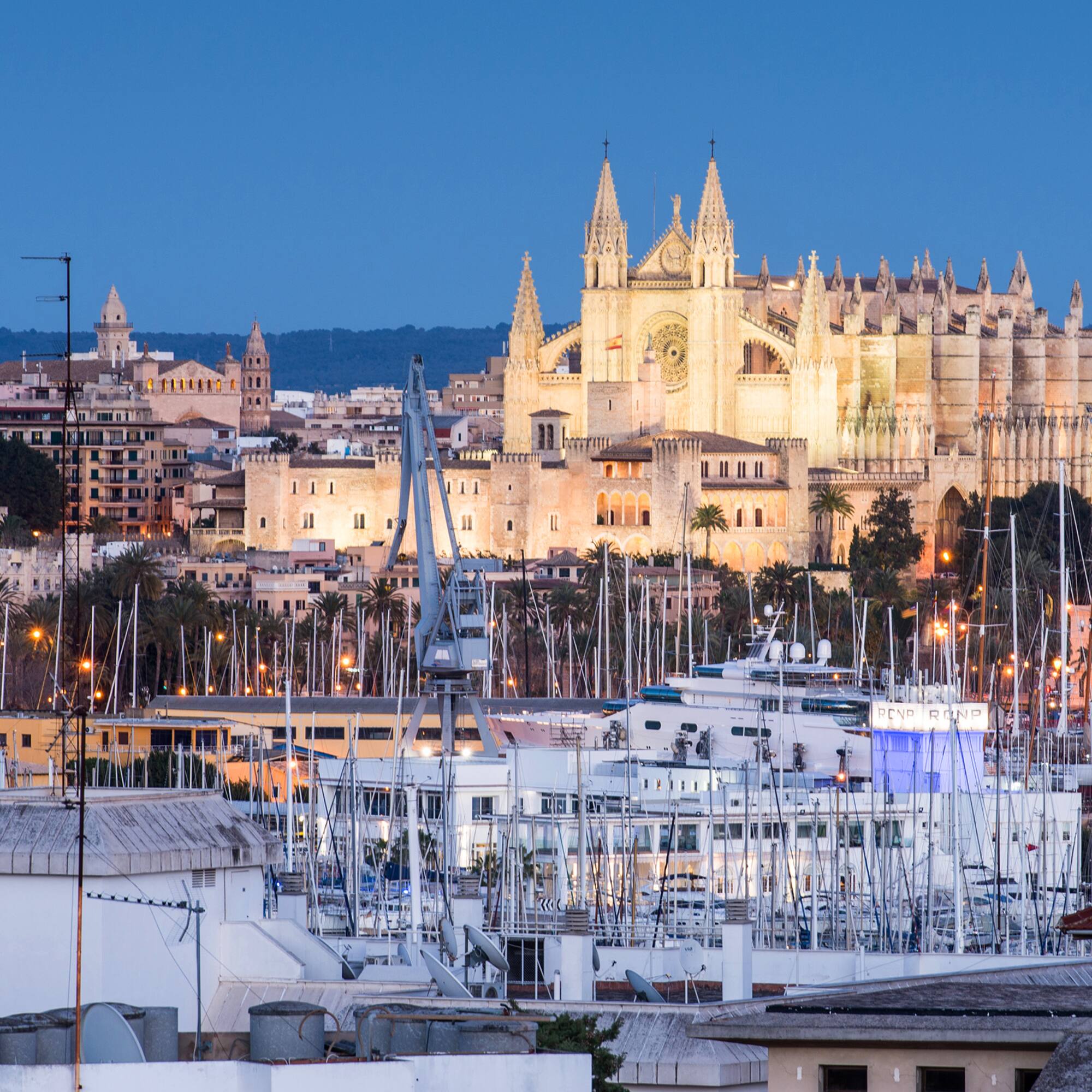 a large castle with many towers and many boats in a harbor