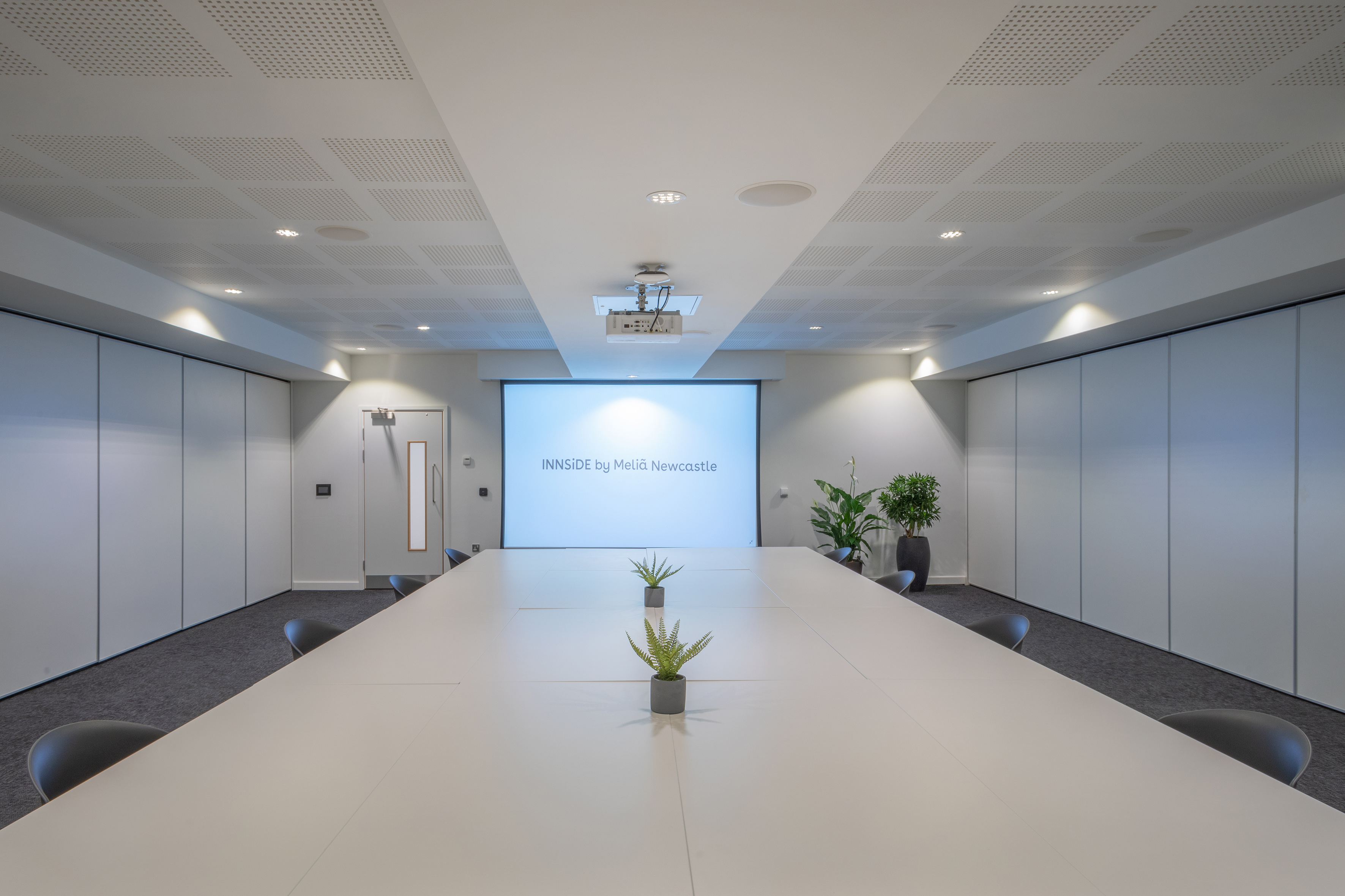 a room with a large table and plants