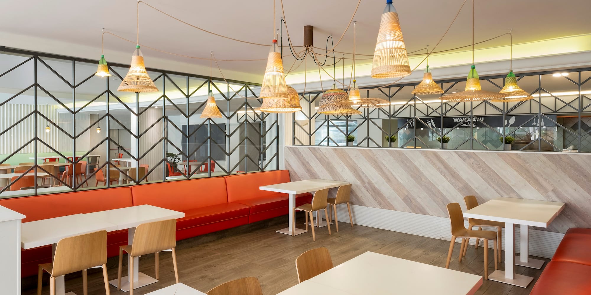 a room with tables and chairs