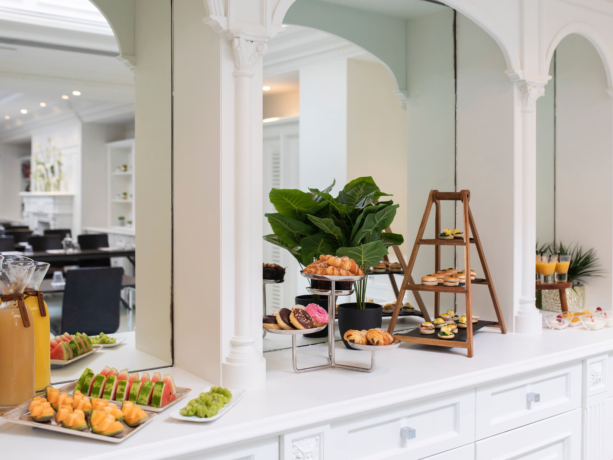 a buffet table with food on it