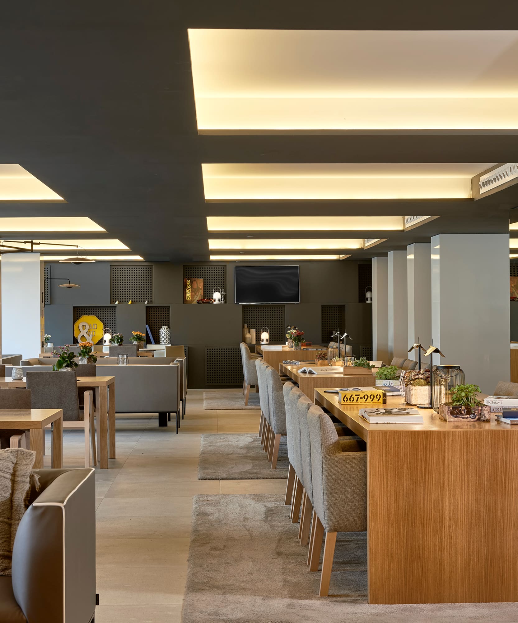 a room with tables and chairs