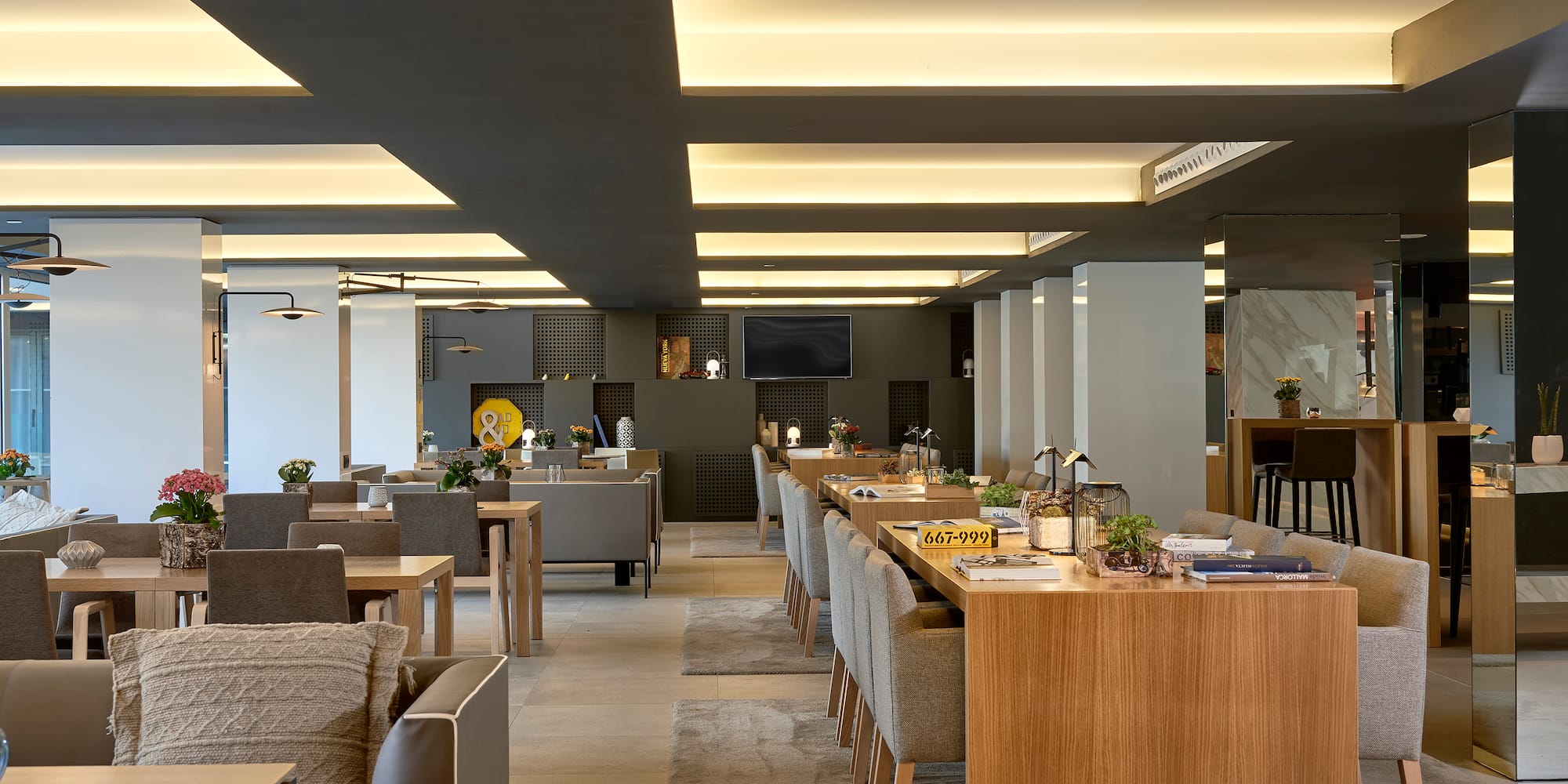 a room with tables and chairs