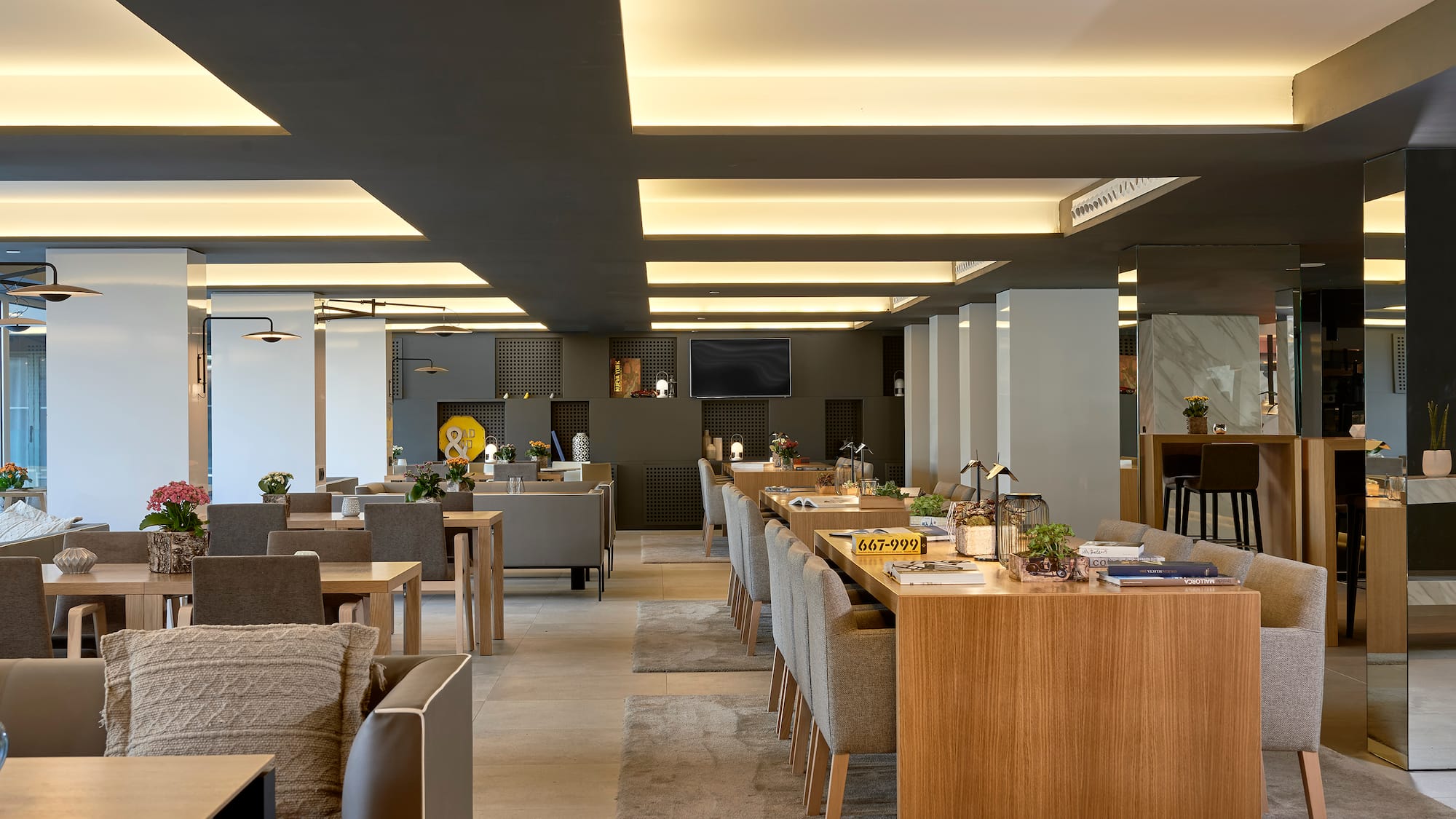 a room with tables and chairs