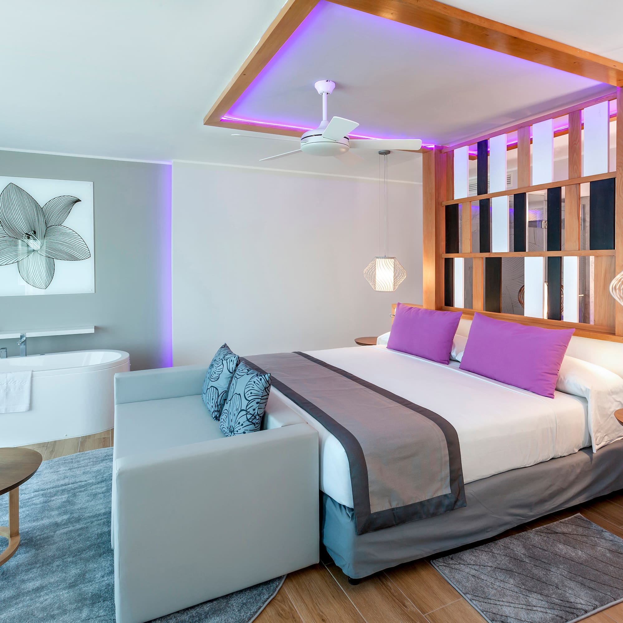 a room with a bed and tub