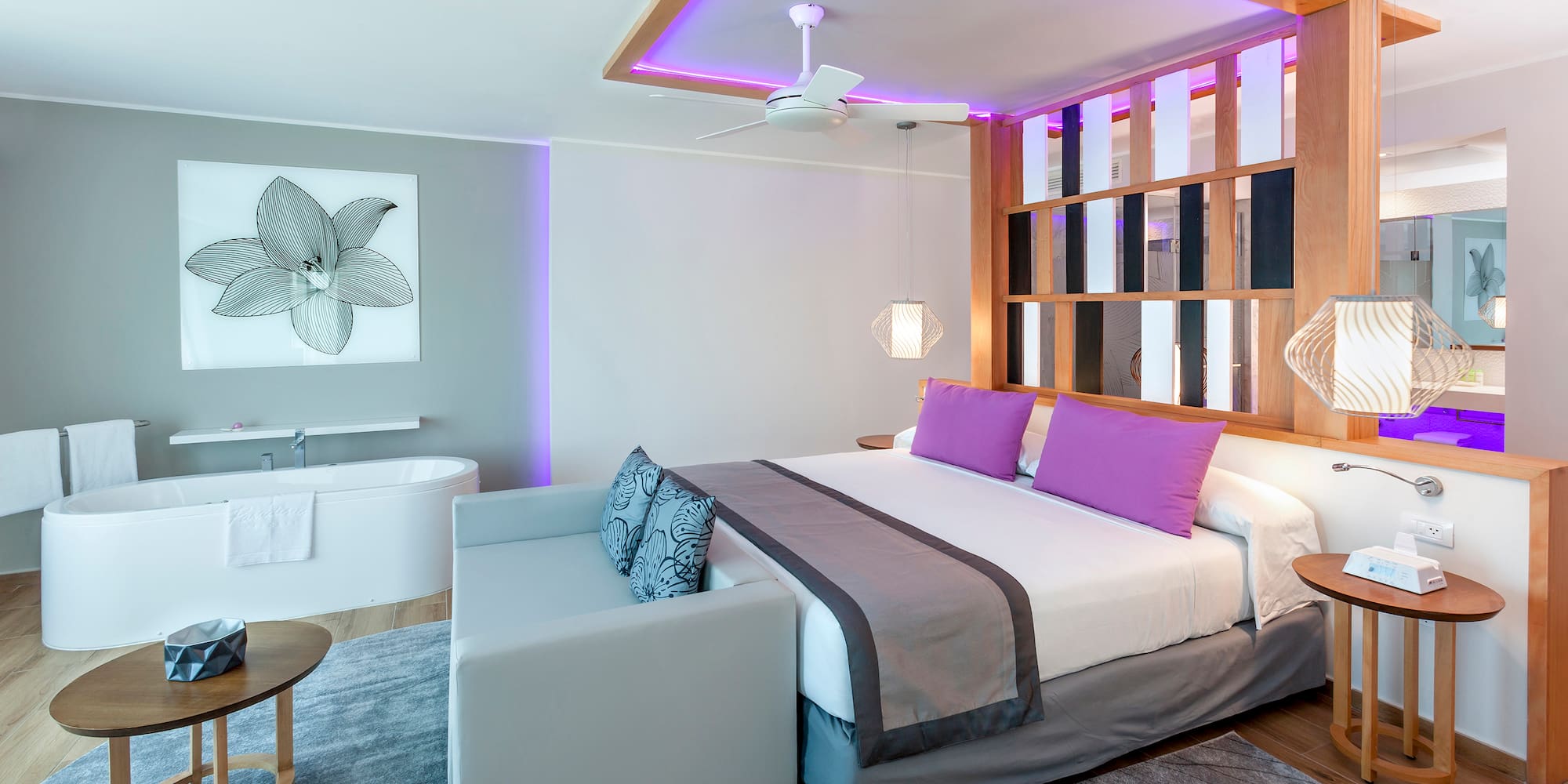 a room with a bed and tub