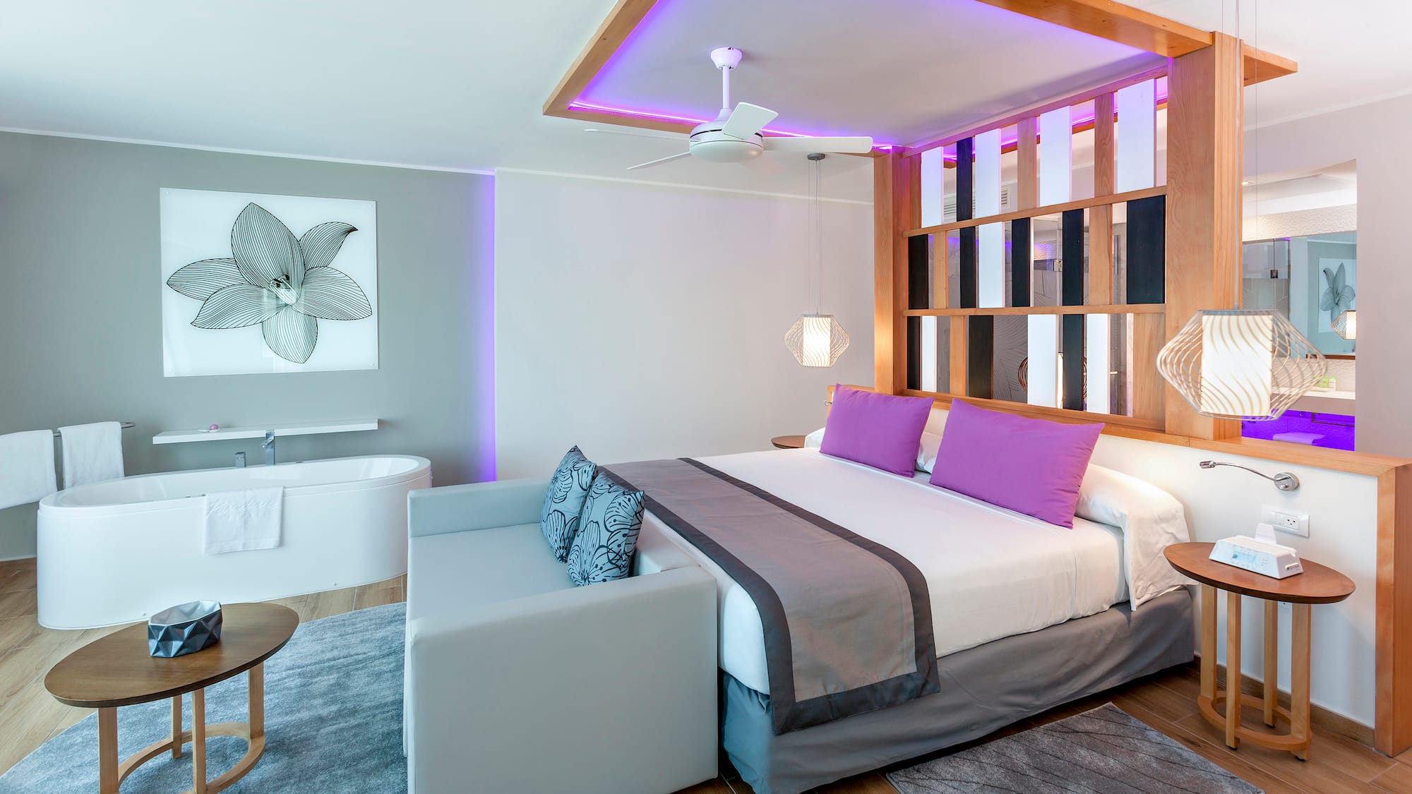 a room with a bed and tub