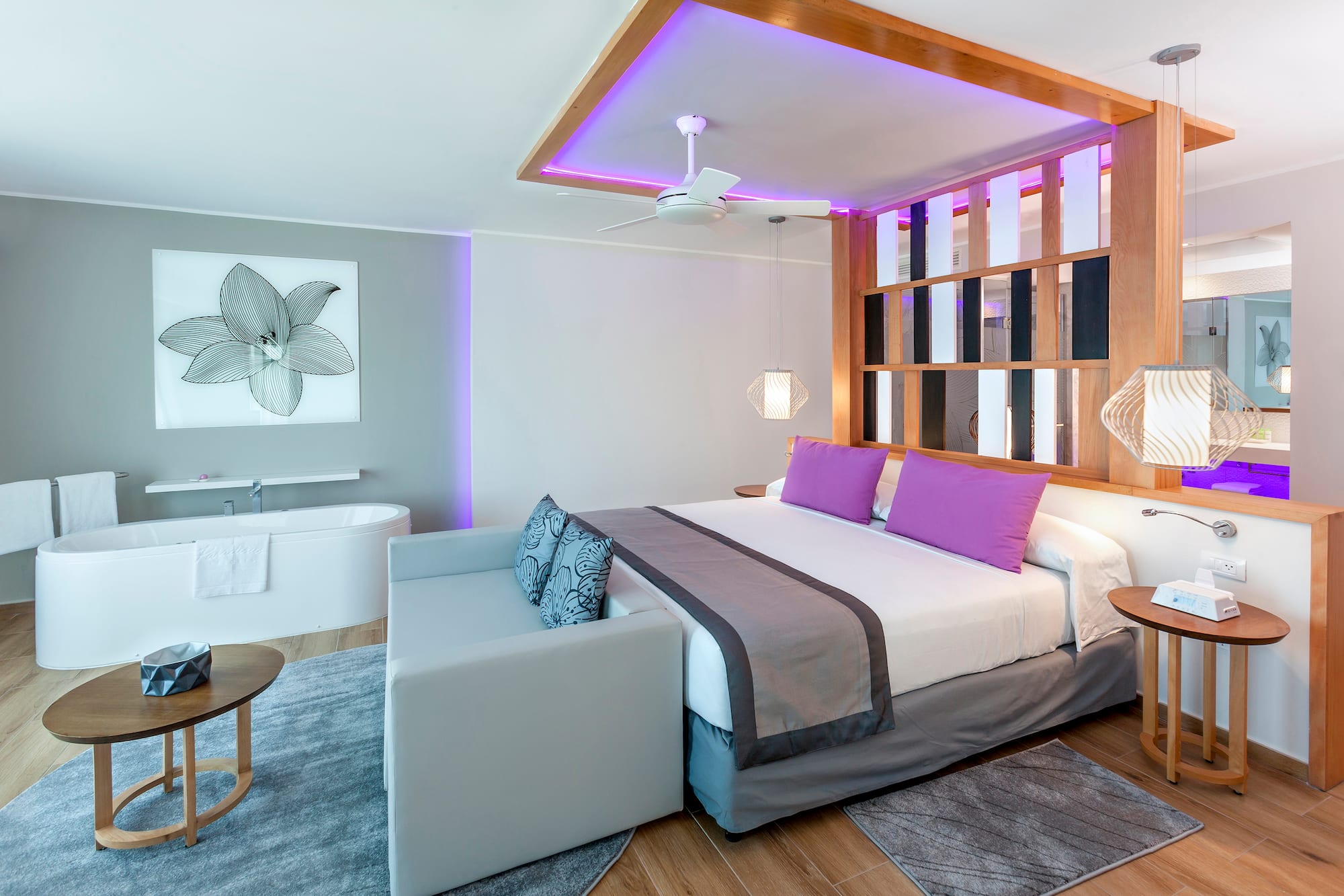 a room with a bed and tub