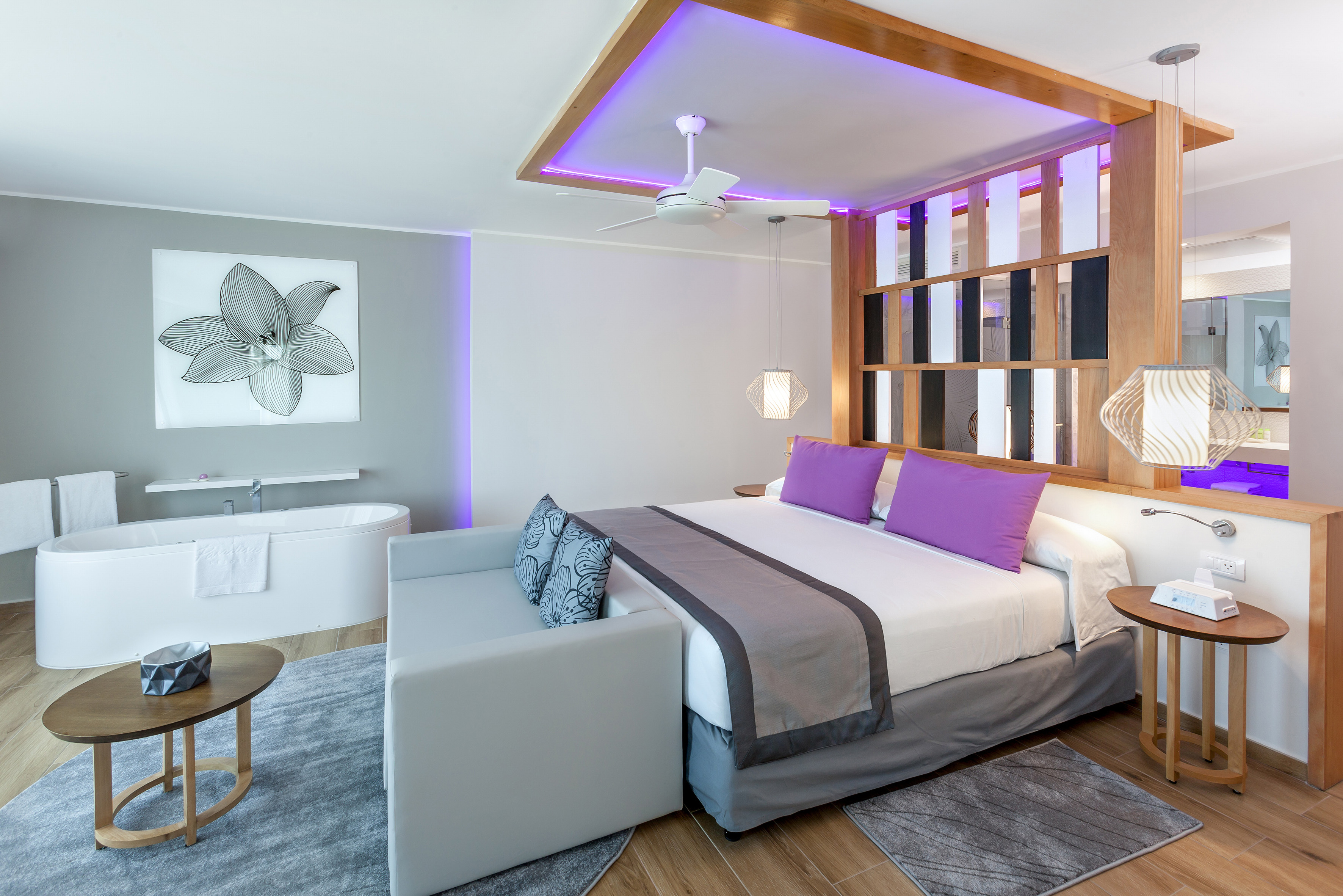 a room with a bed and tub