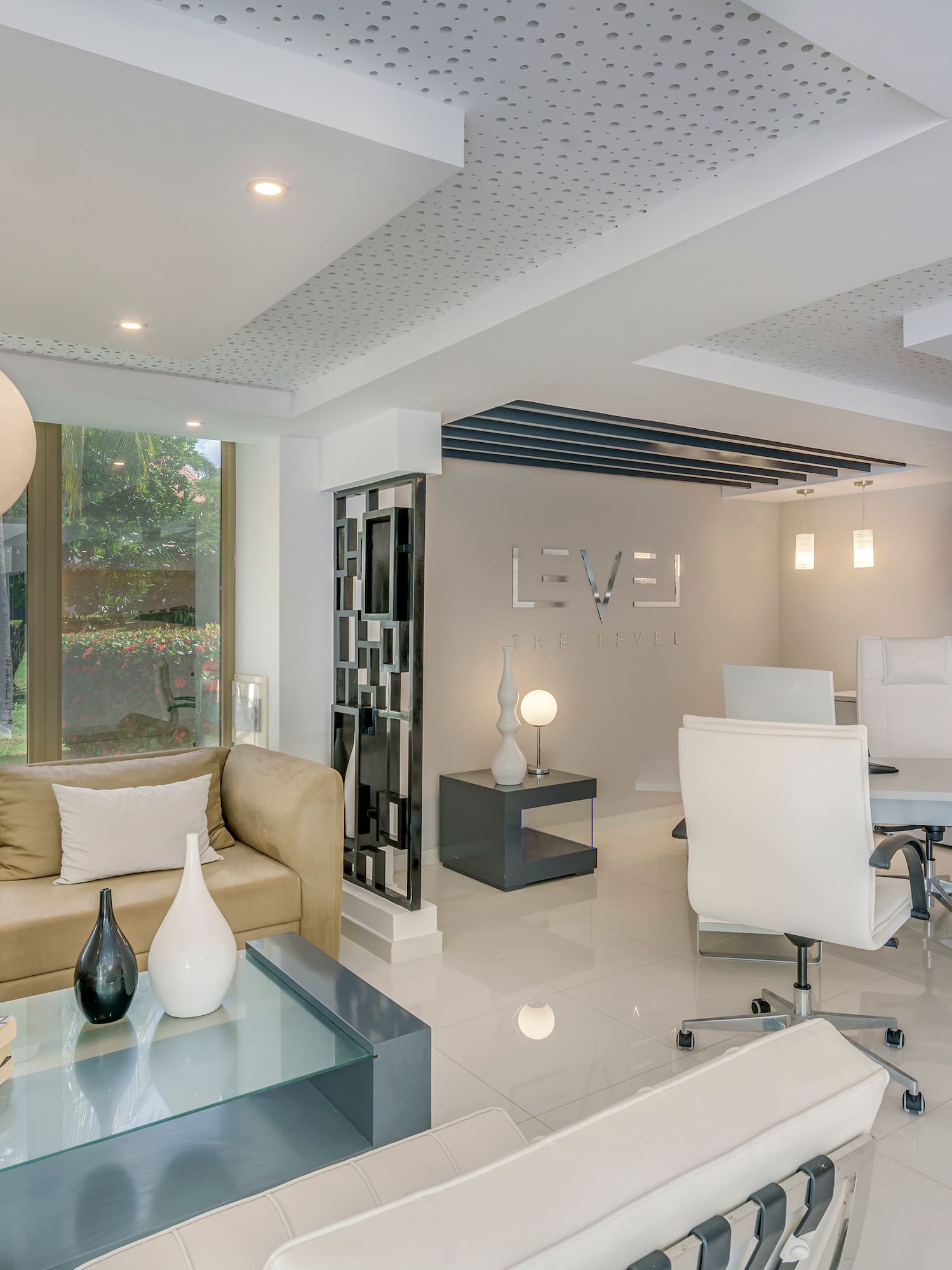 a room with a table and chairs