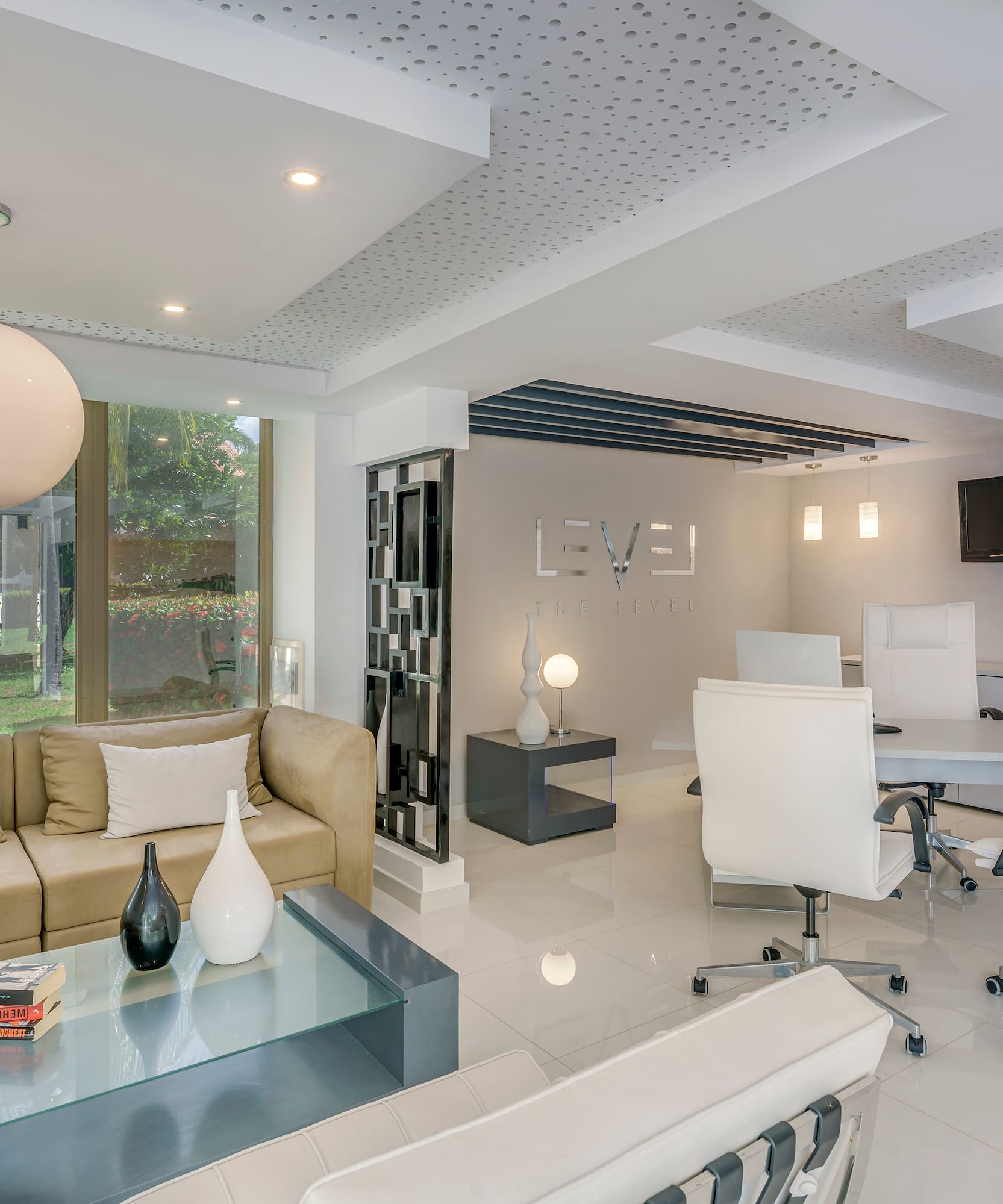 a room with a table and chairs