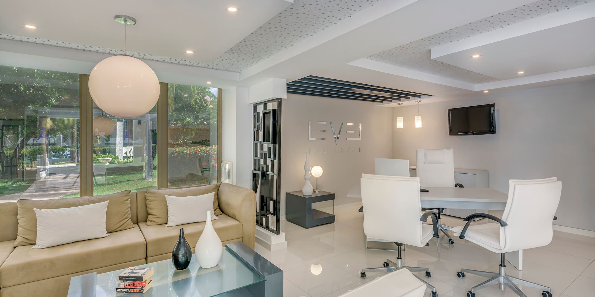 a room with a table and chairs