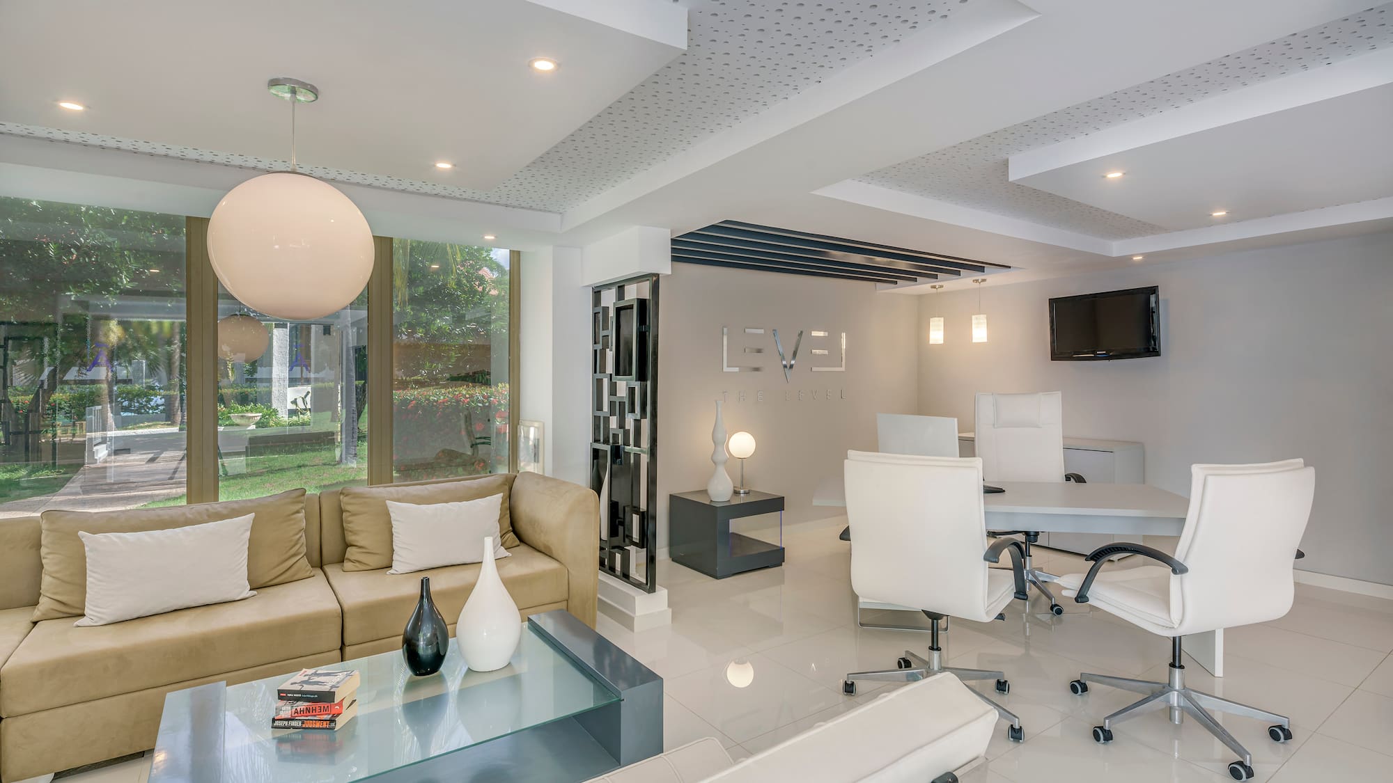 a room with a table and chairs