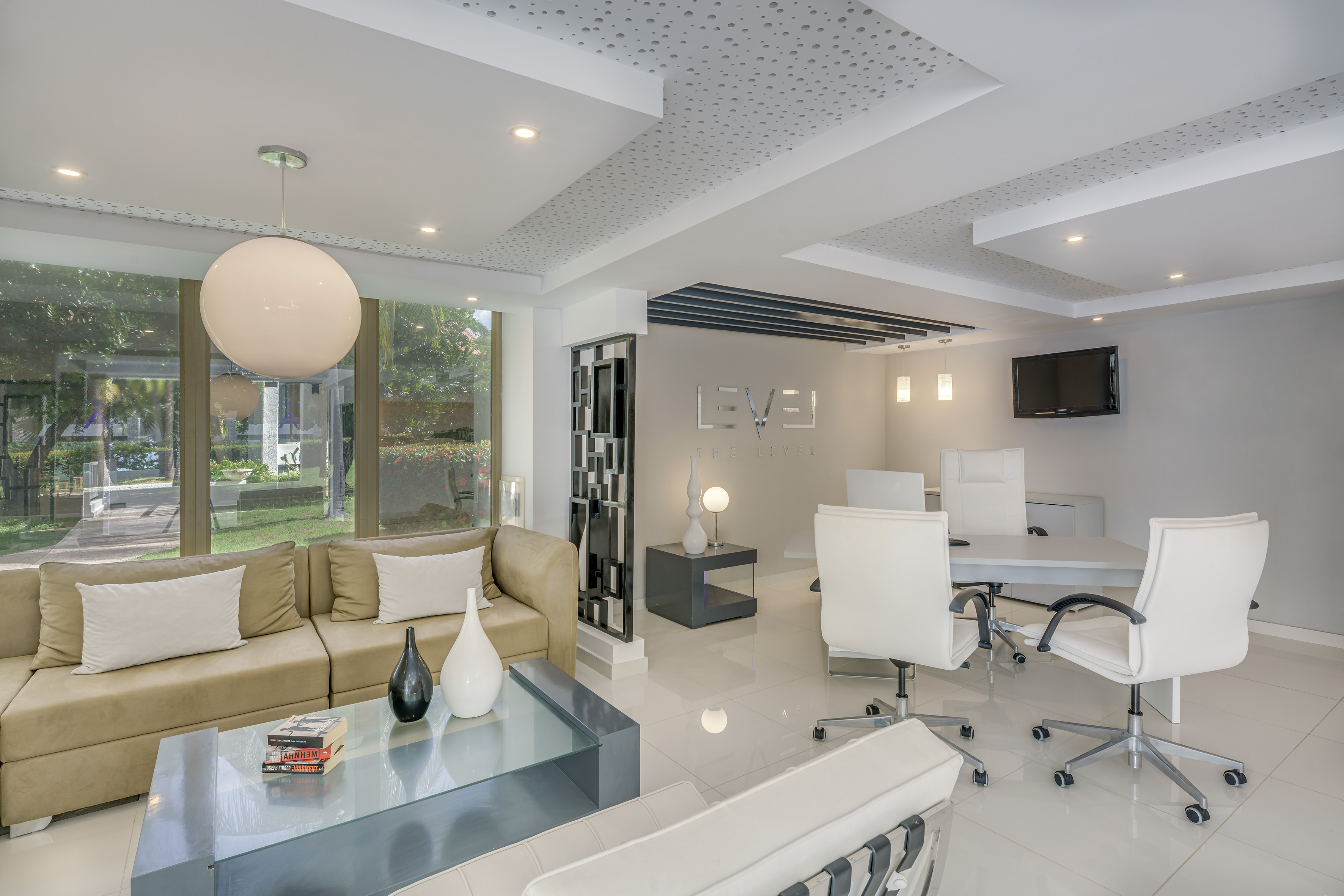 a room with a table and chairs