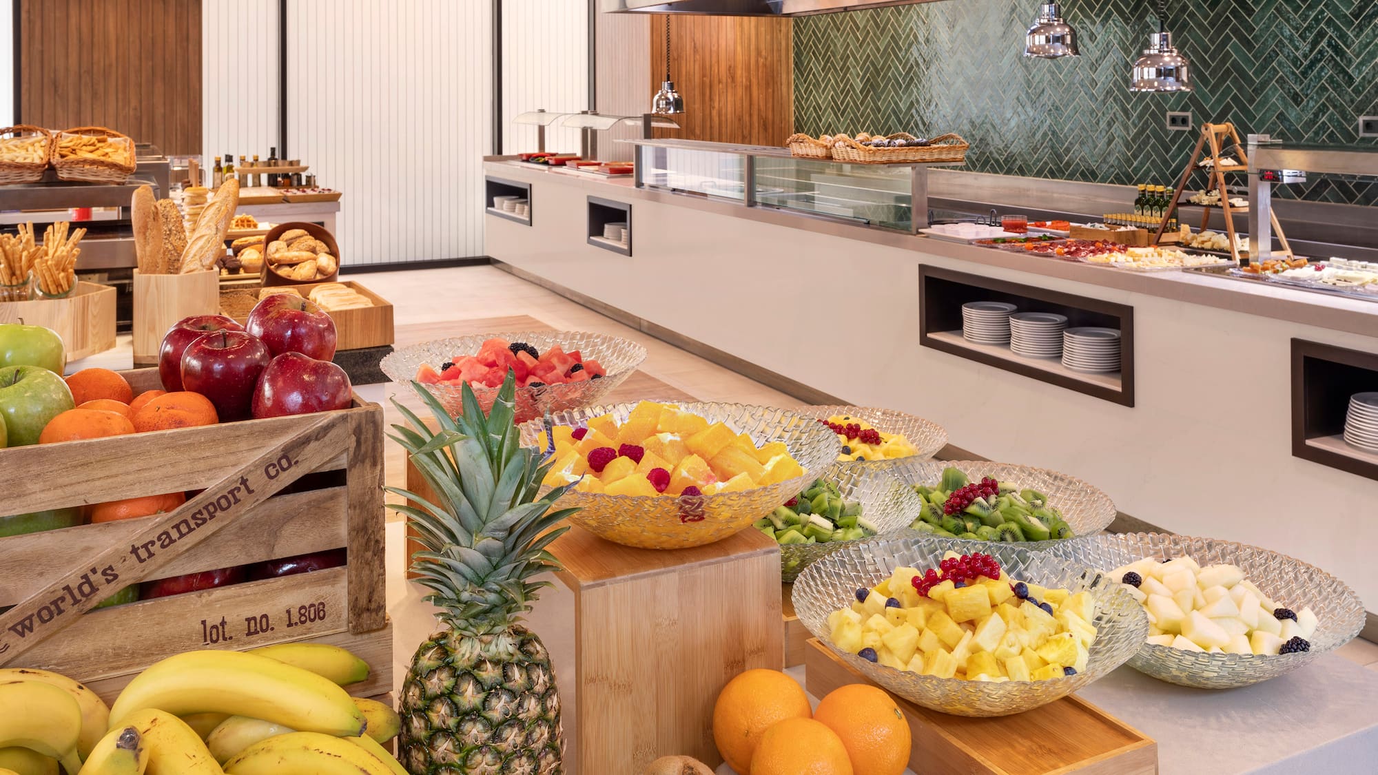 a buffet with fruit in bowls