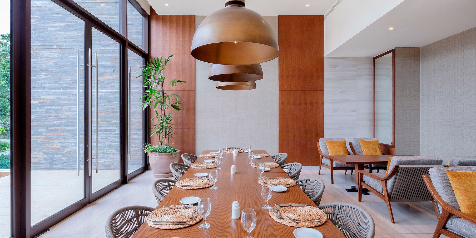 a long table with plates and plates on it