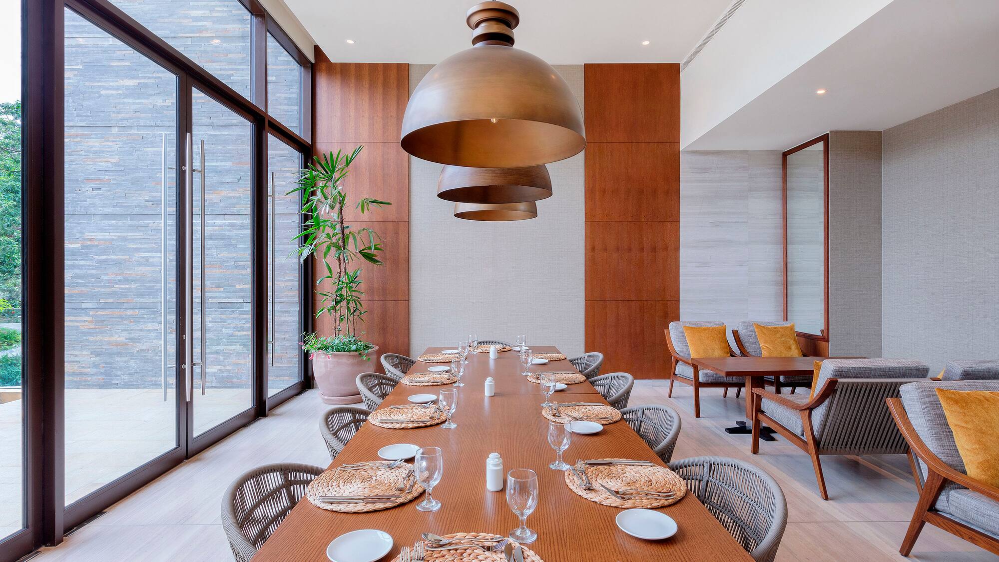 a long table with plates and plates on it