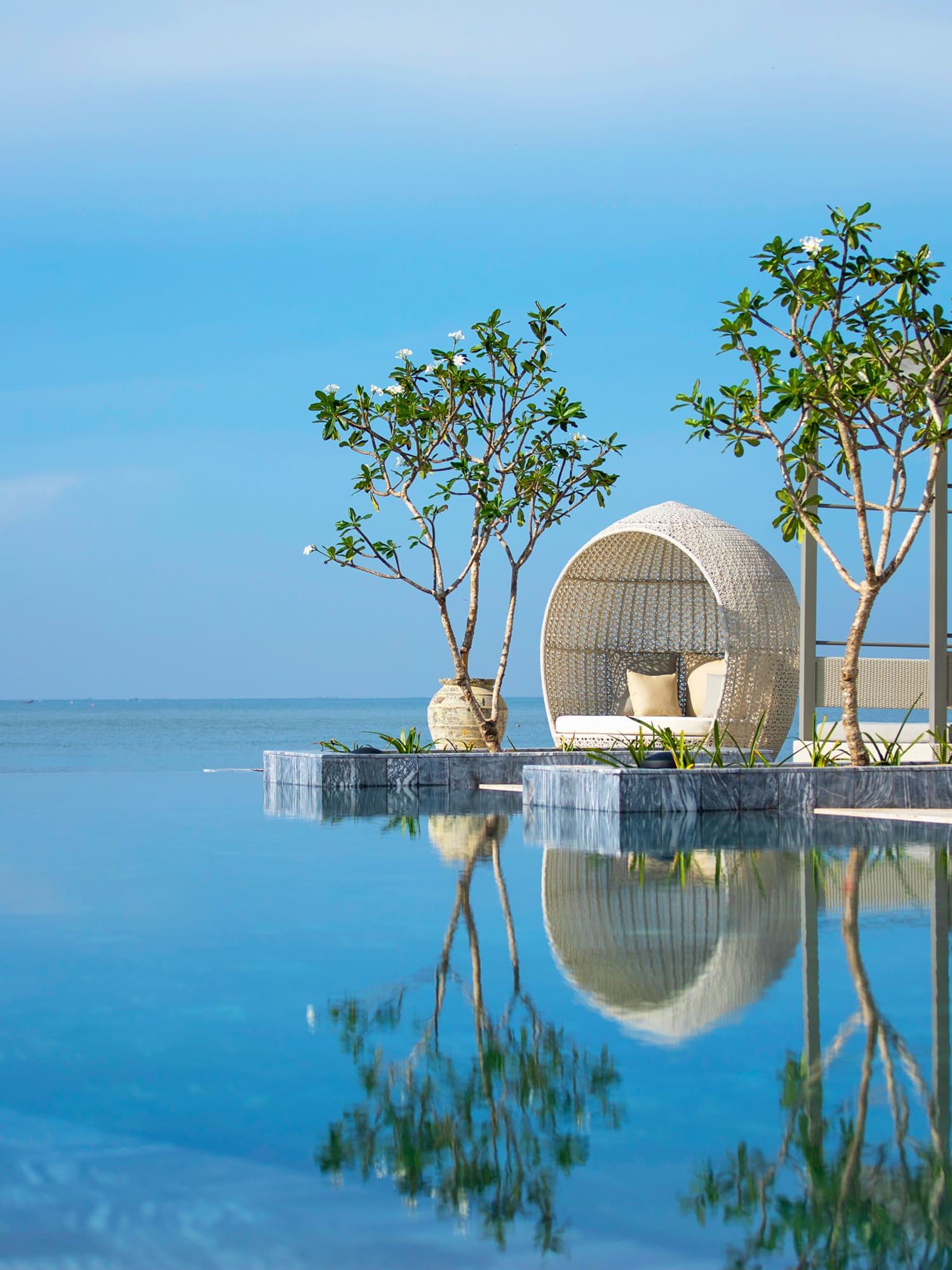 a pool with a chair and trees