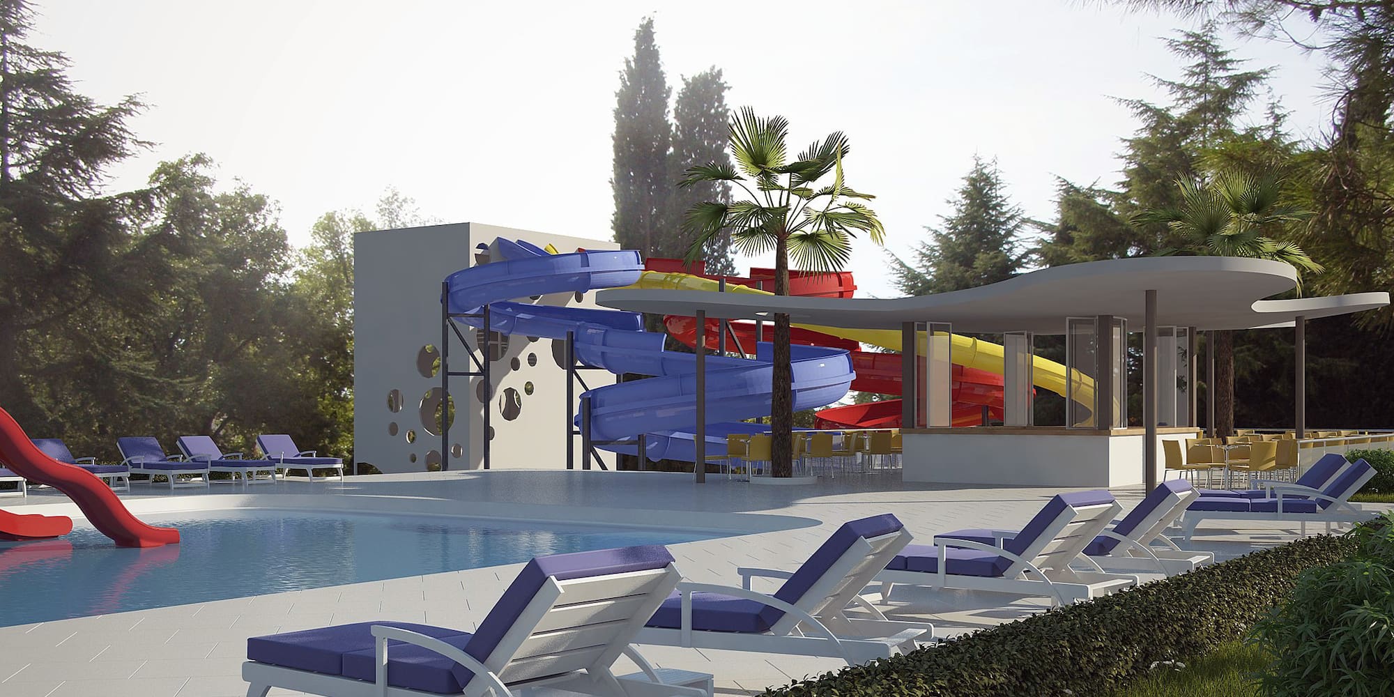 a pool with a slide and lounge chairs