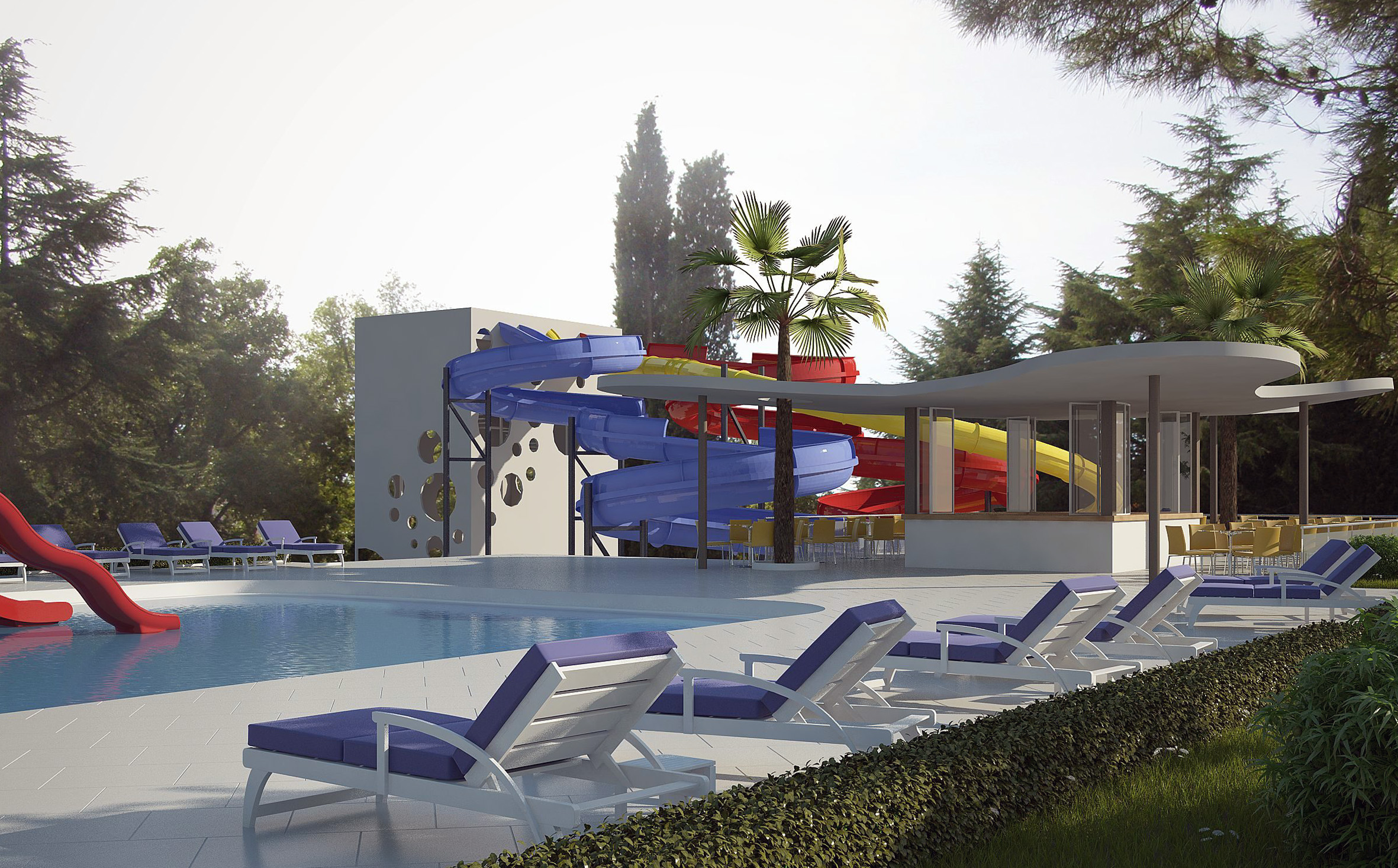 a pool with a slide and lounge chairs