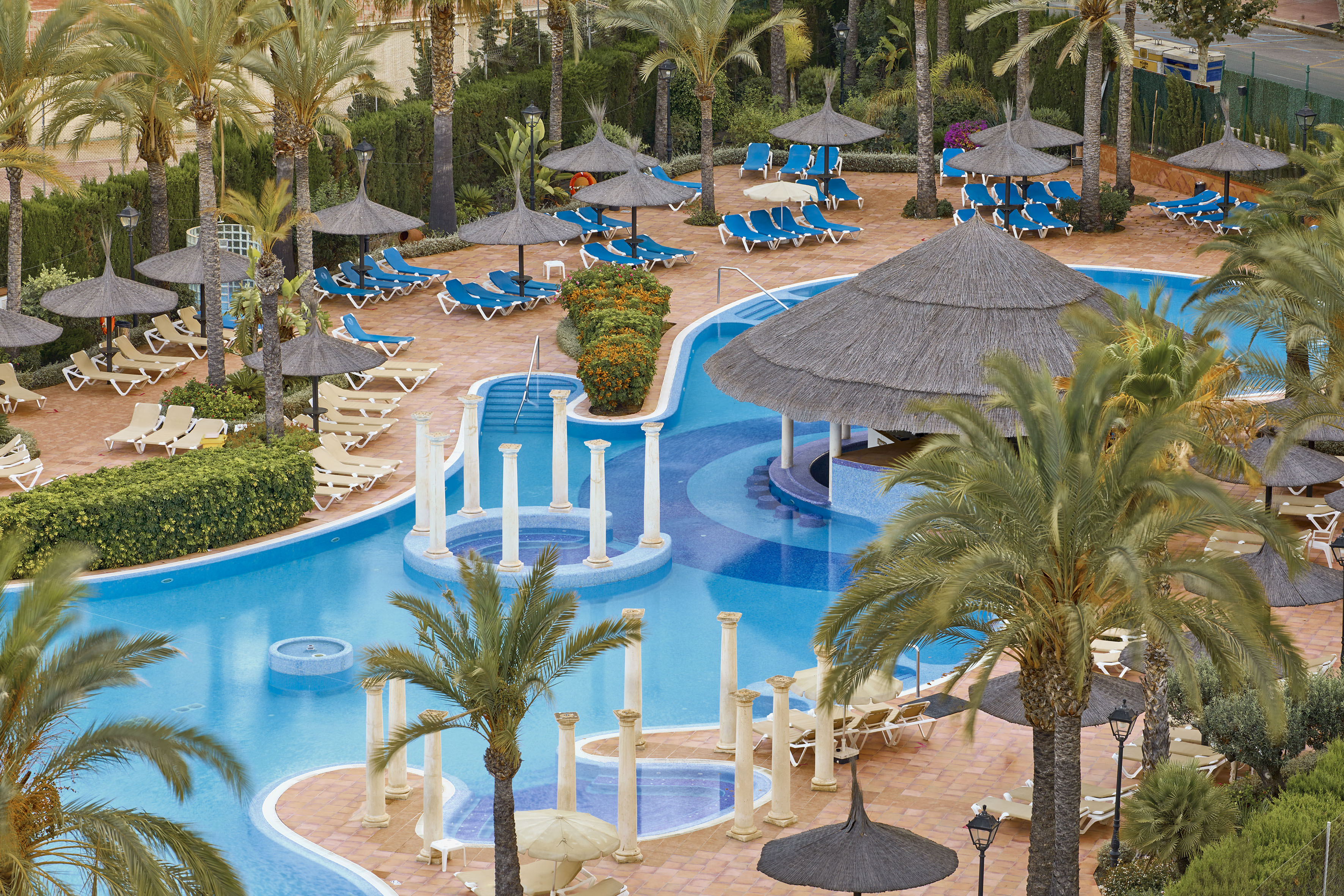 Tropical hotel pool area with palm trees, loungers, and a swim-up bar.