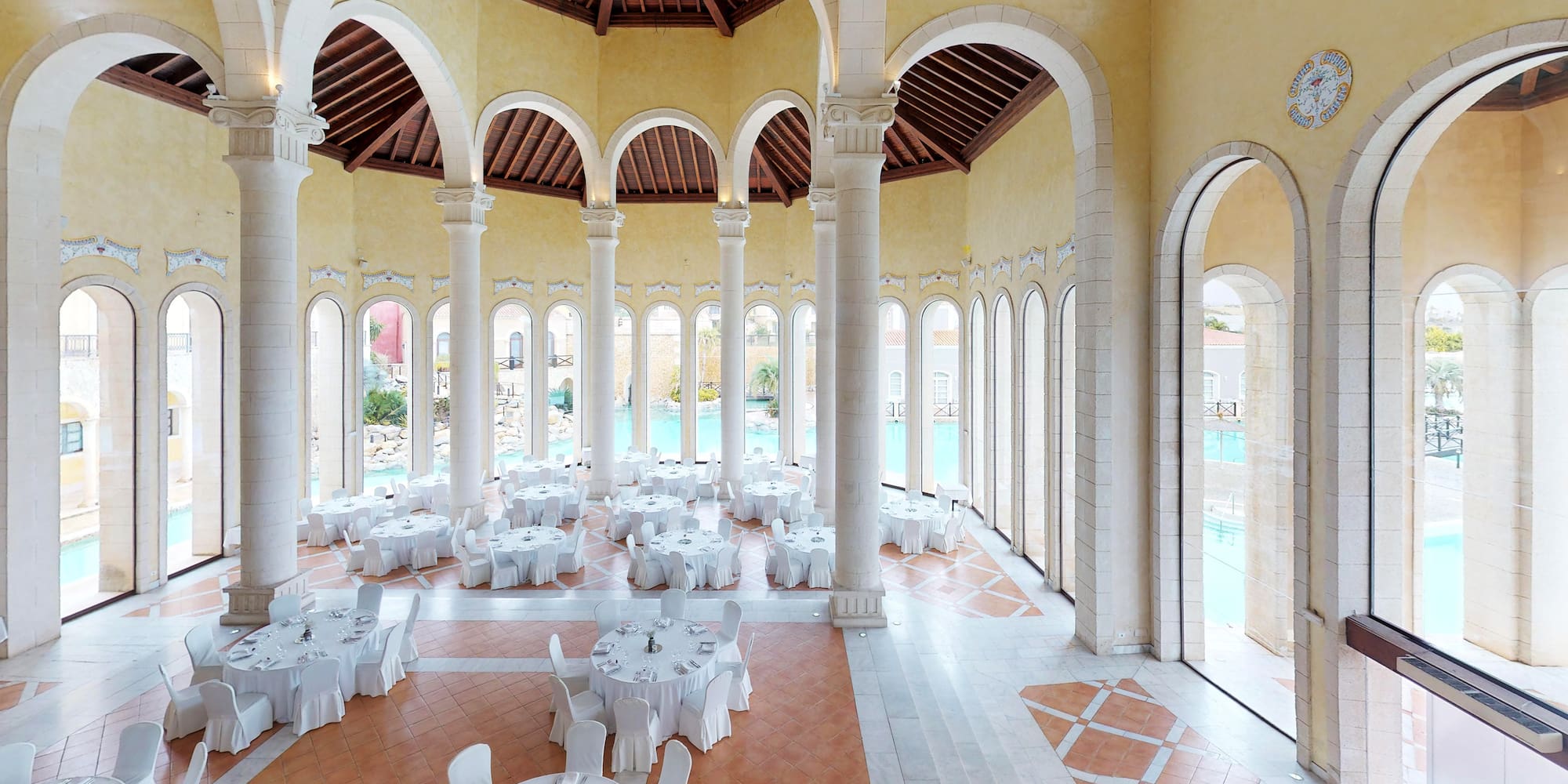 a room with tables and chairs