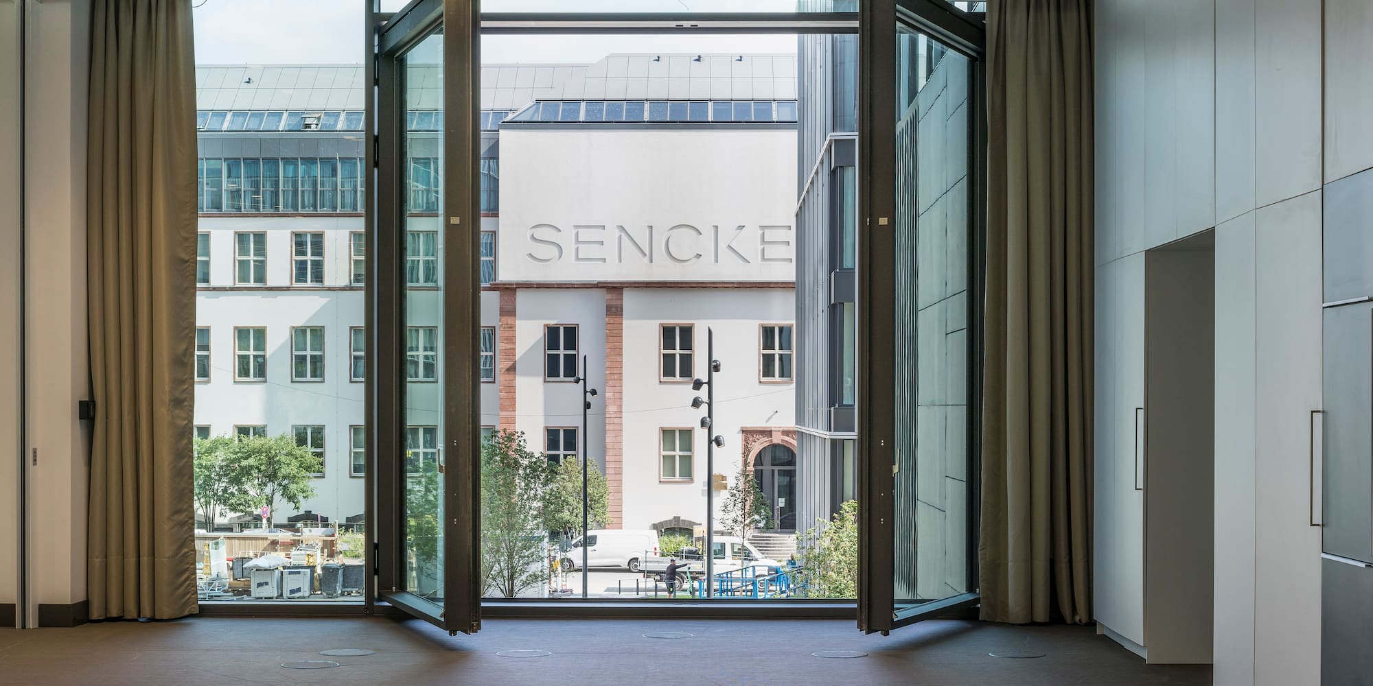 a room with open doors