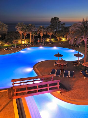 a pool with palm trees and a beach at night