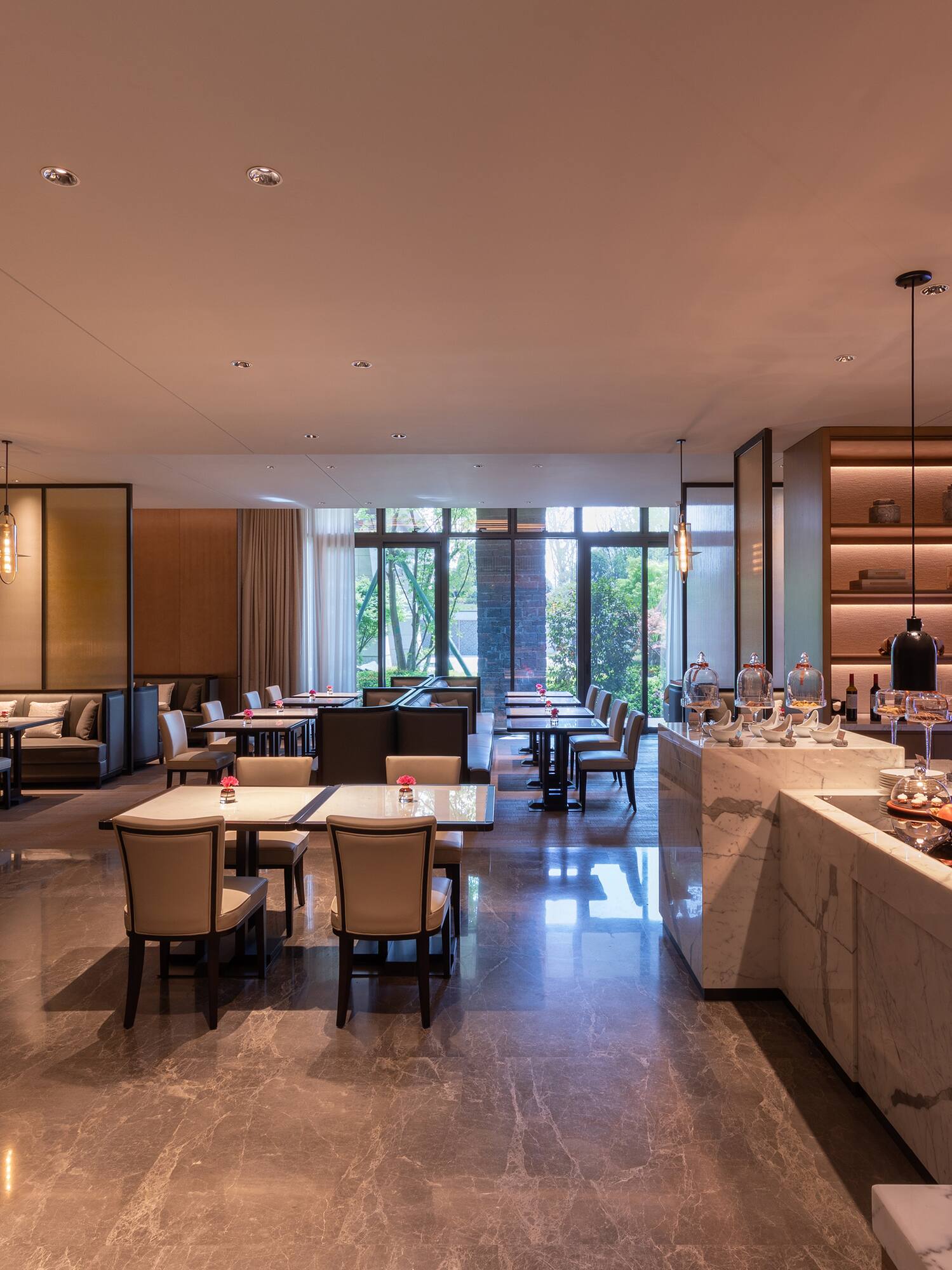 a room with tables and chairs