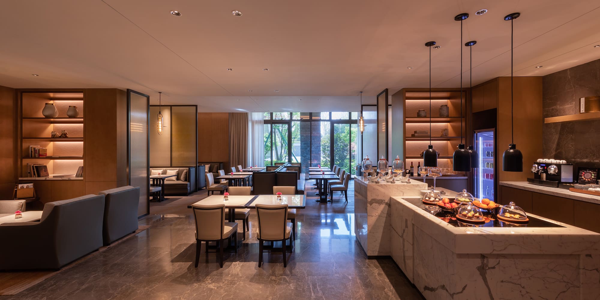 a room with tables and chairs