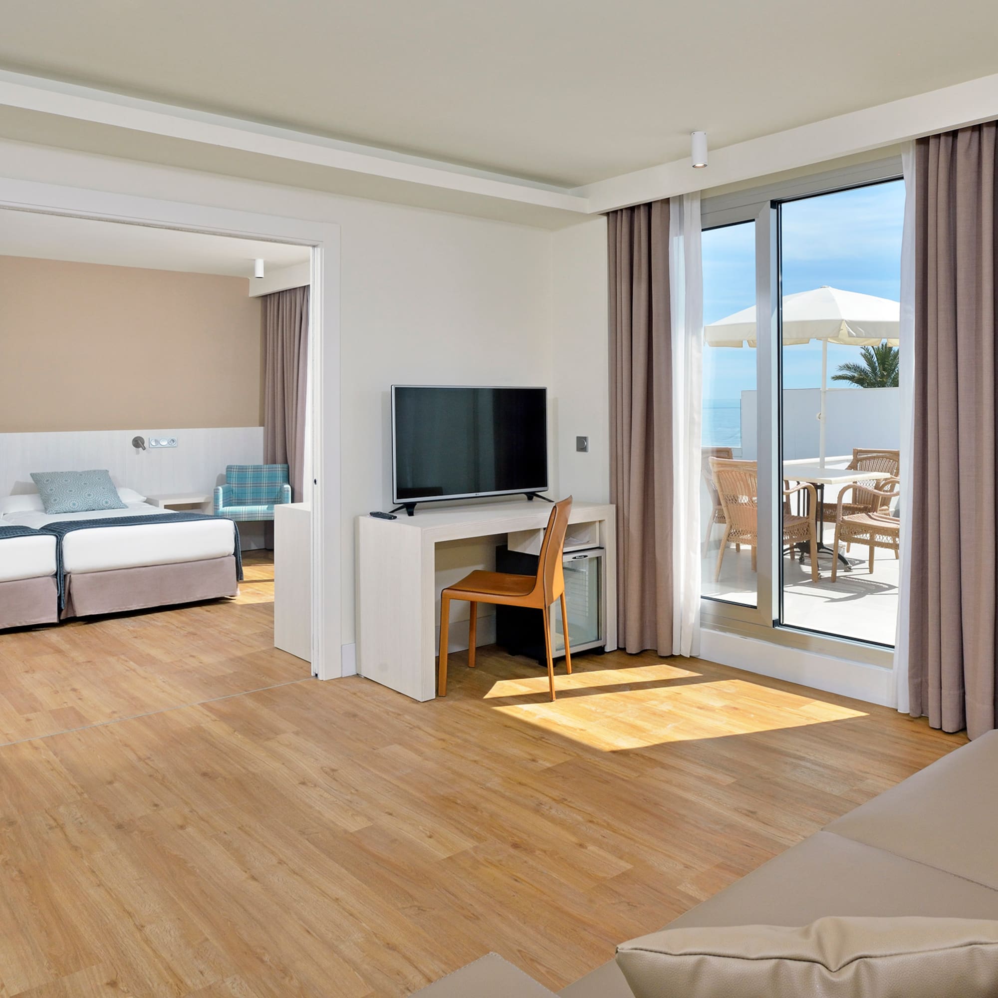 a room with a television and a table